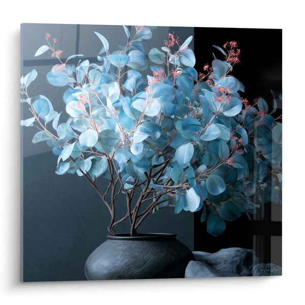 Tableau Bouquet d'eucalyptus bleu et anthracite en vase - Souffle argenté - Edition Eucalyptus