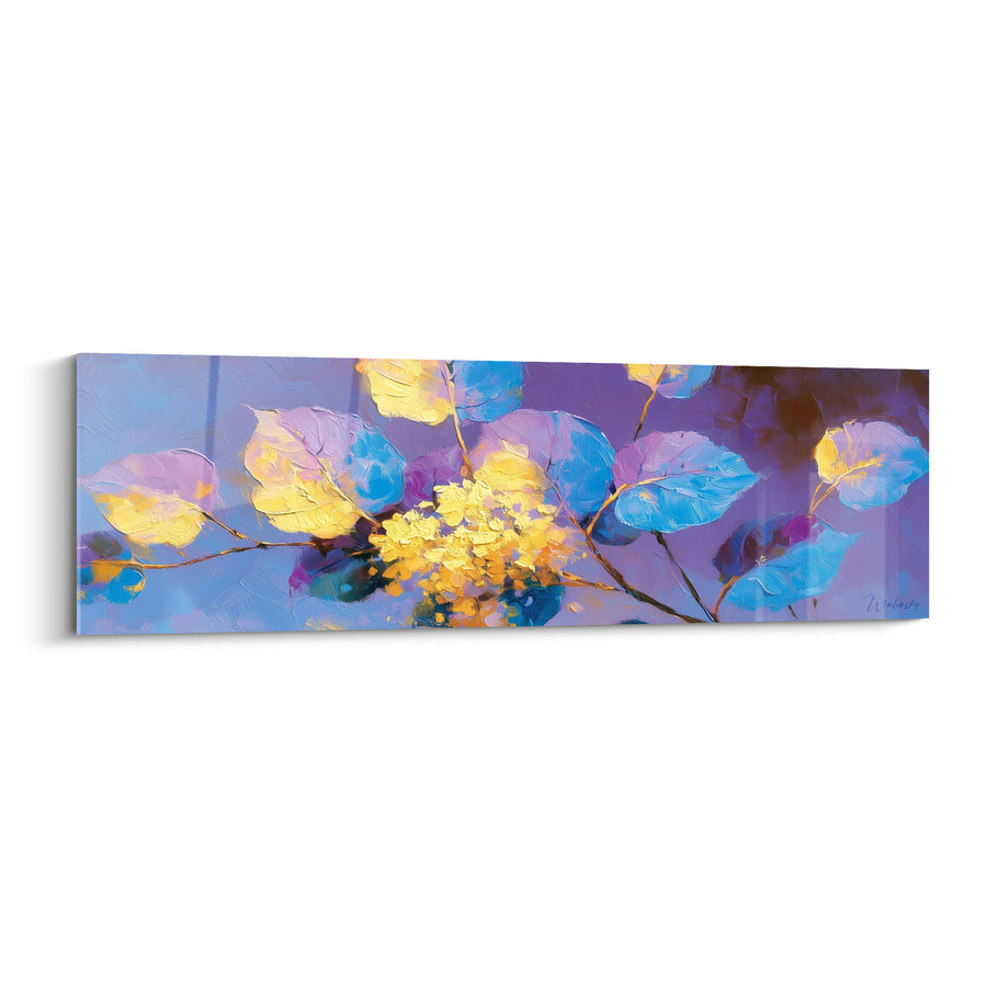 Tableau Feuilles bleues et jaunes en grappe centrale - Fond violet mauve - Edition Eucalyptus