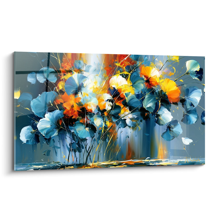 Tableau Bouquet fleuri bleu et orangé lumineux - Éclosion printanière - Edition Eucalyptus