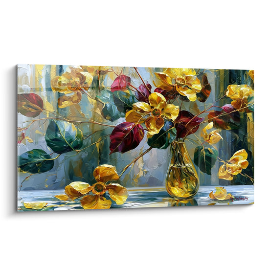 Bouquet Eucalyptus doré et pourpre peint à l'huile, vase de verre ambré, fond bleu-gris texturé