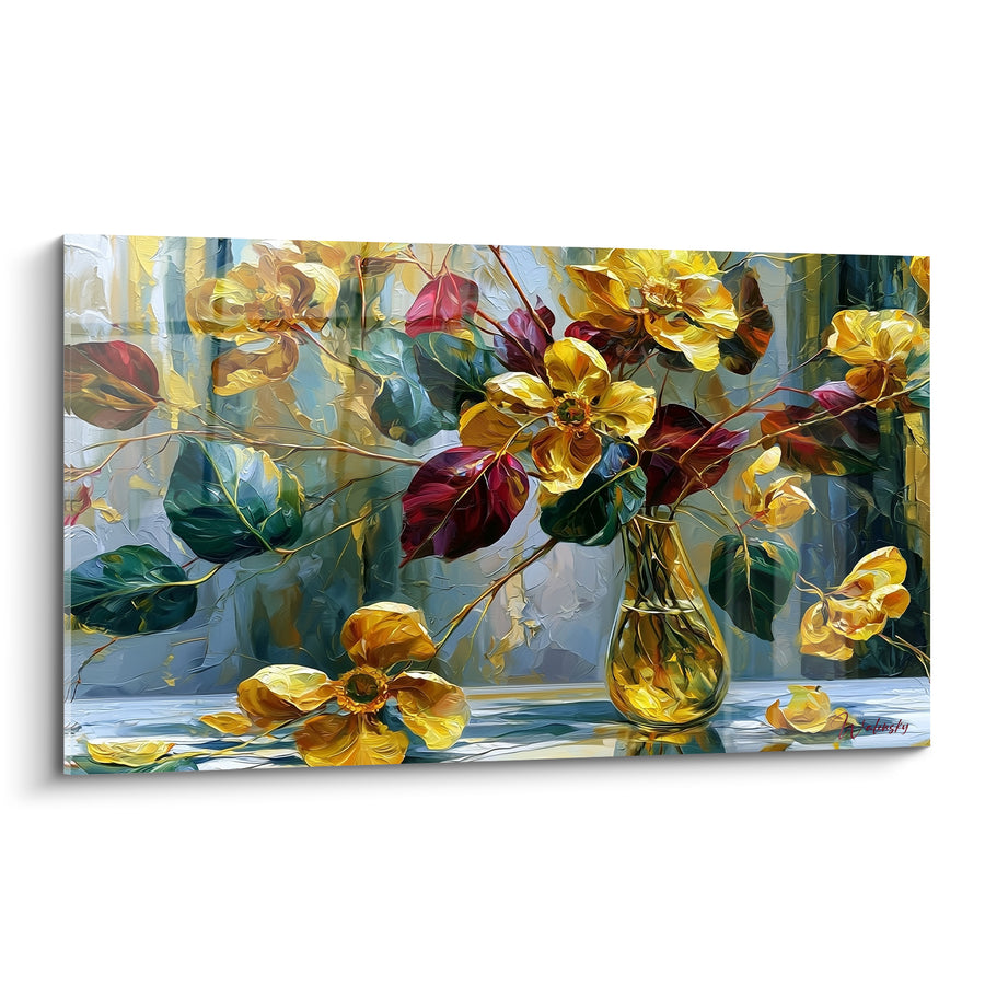 Tableau Vase ambré aux fleurs jaunes et bordeaux - Pétales tombés sur table - Edition Eucalyptus