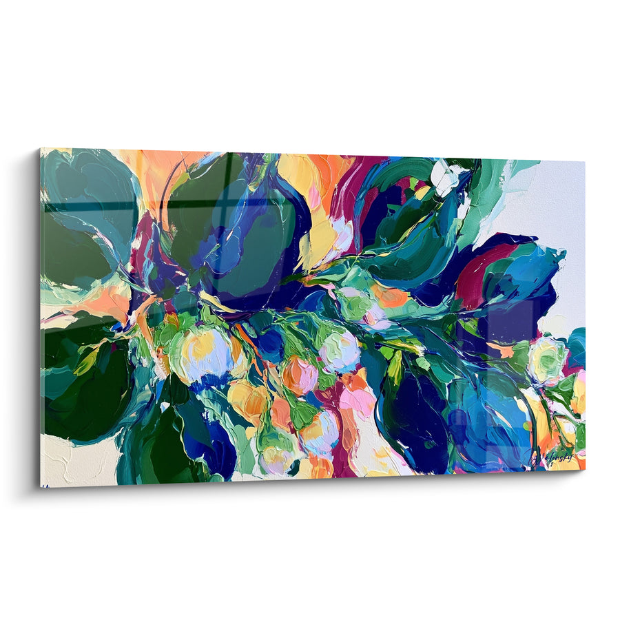 Tableau Branche fleurie vert et bleu foncé - Éclosion de printemps - Edition Eucalyptus