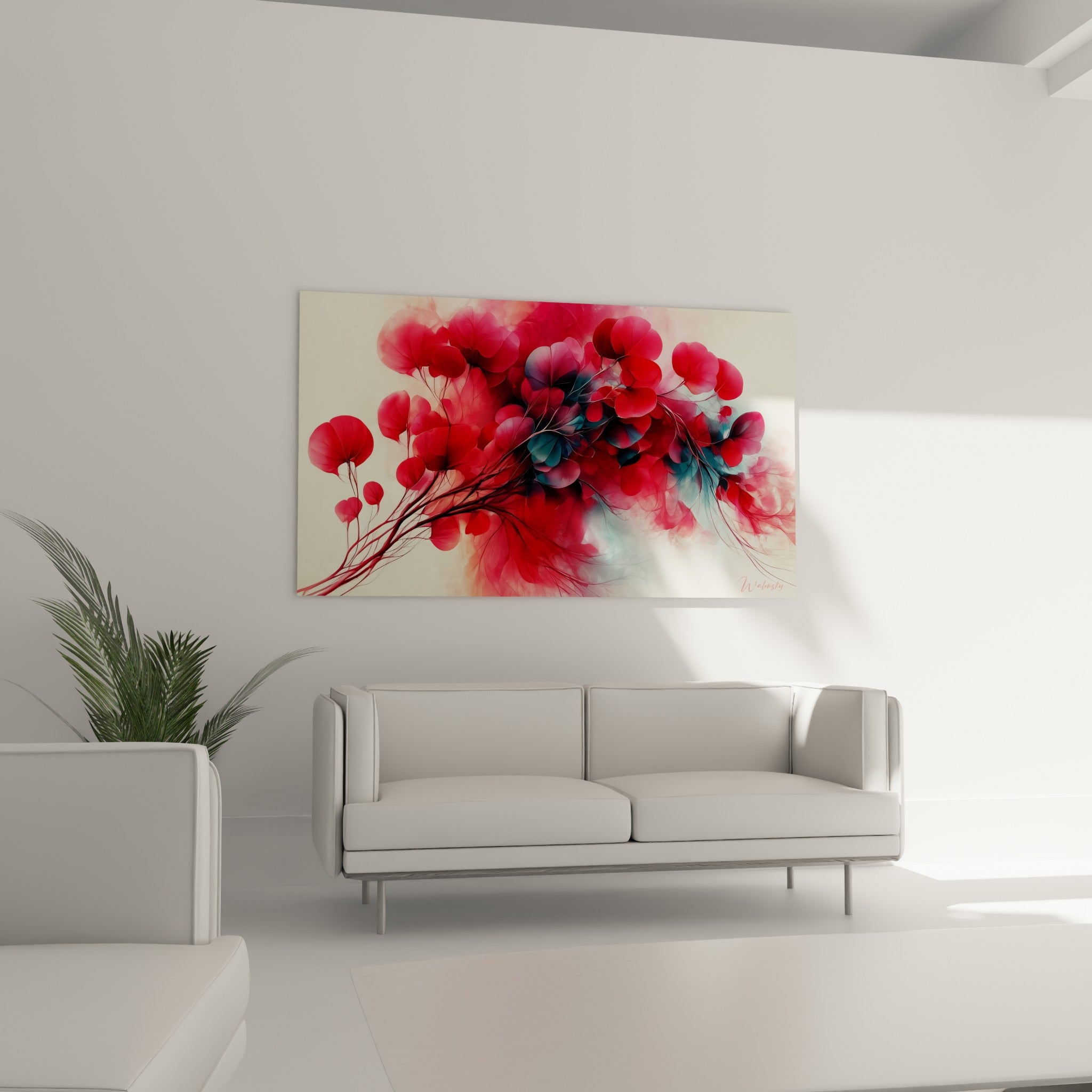 Branche d'eucalyptus carmin et anthracite aux formes rondes au-dessus d'un canapé dans un salon lumineux
