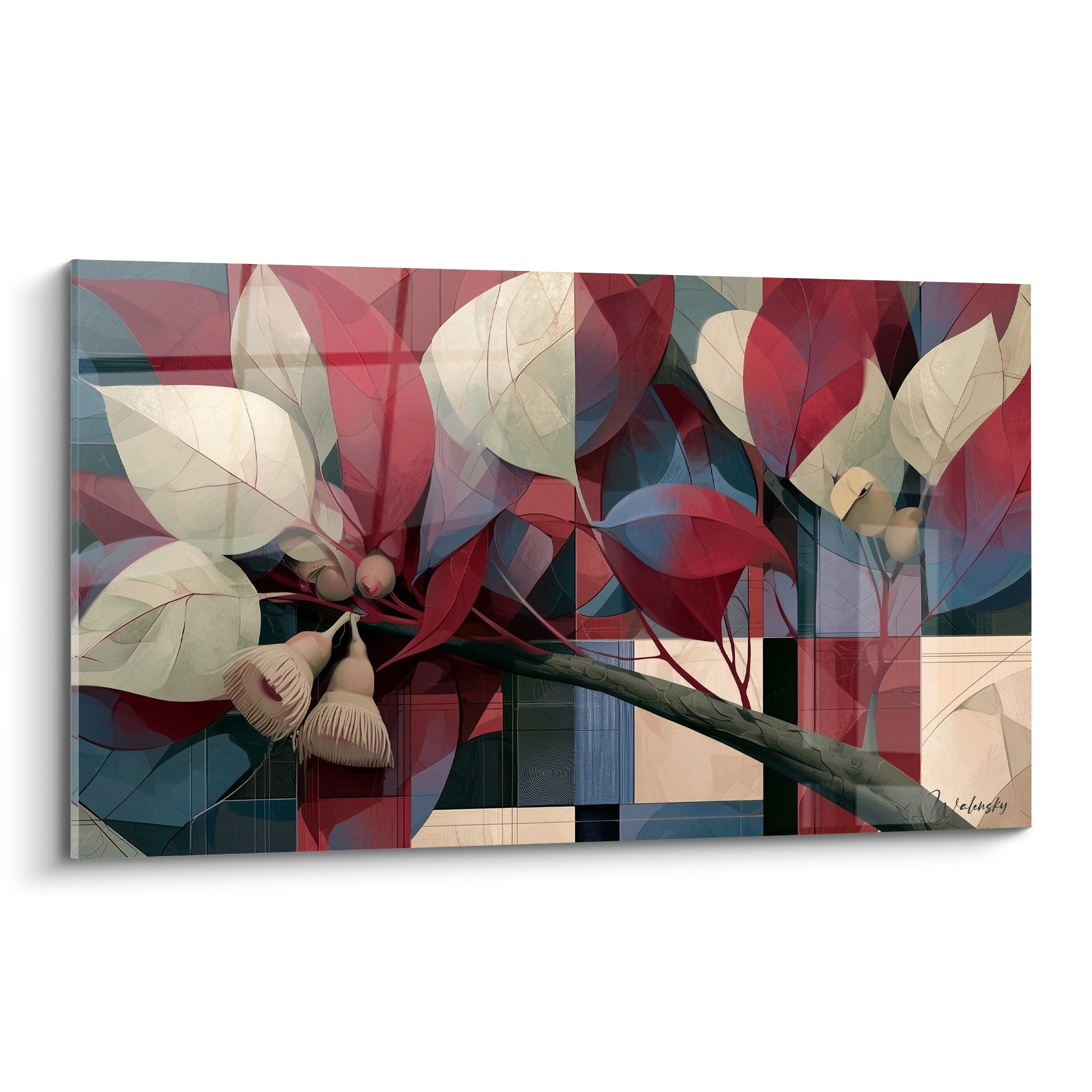 Branche d'eucalyptus aux feuilles bordeaux et ivoire sur fond géométrique bleu marine et beige