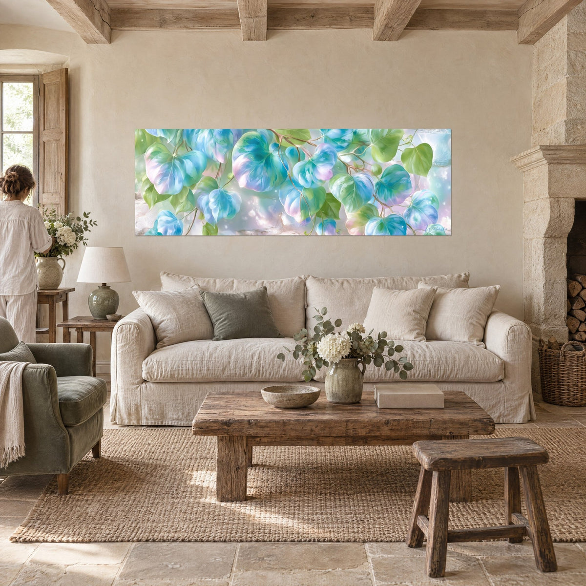 Wall art heart-shaped leaves in turquoise blue and soft green, pearly pink reflections, seen from behind above a sofa in a bright living room
