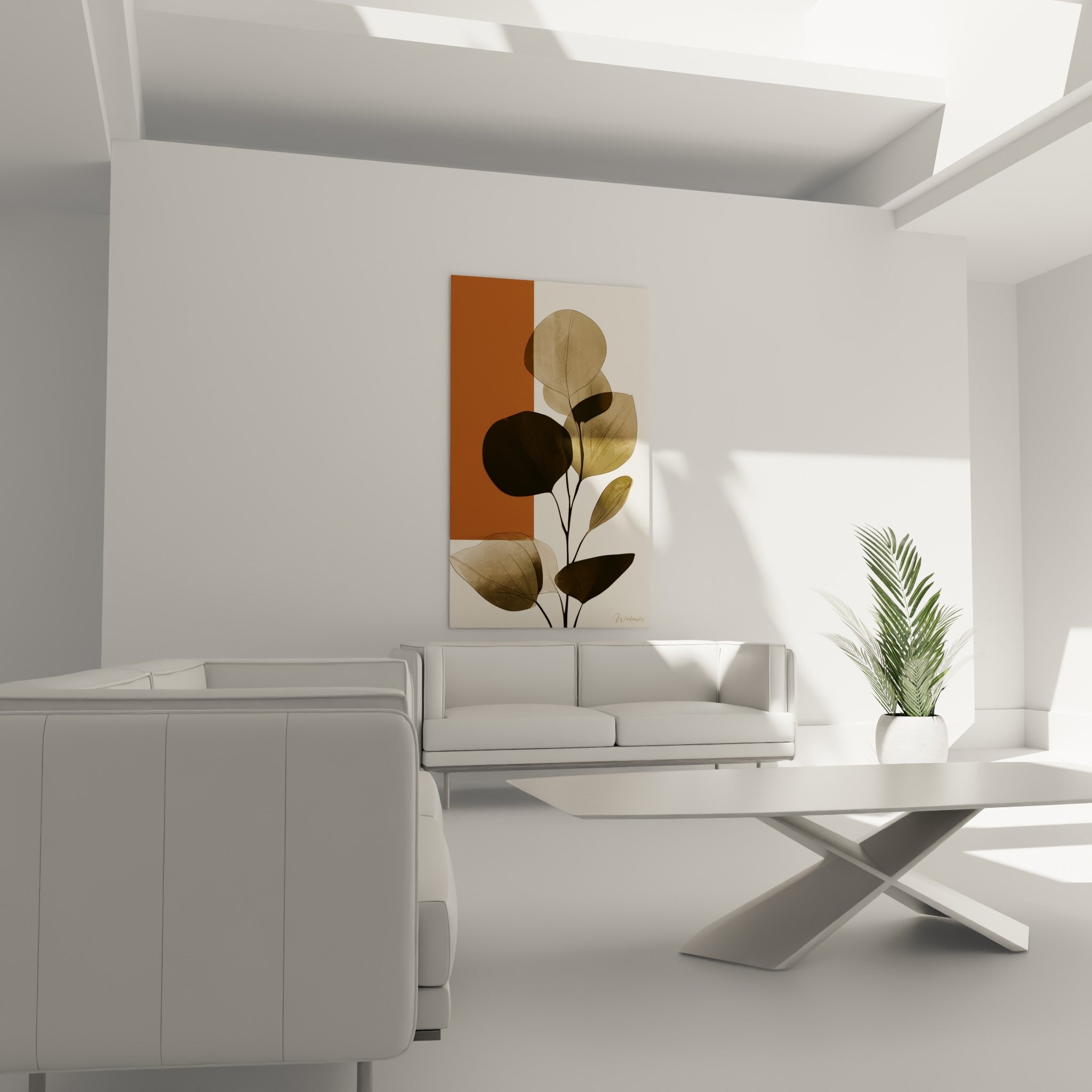 Branche d'eucalyptus brun anthracite et terracotta suspendue au-dessus d'un canapé dans un salon lumineux