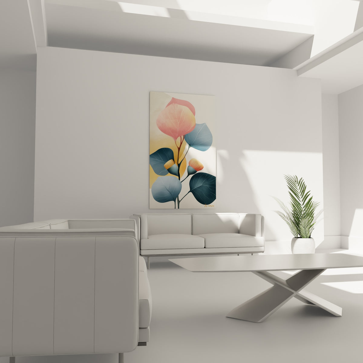 Feuillage d'eucalyptus doré et bleu, capsules orangées veloutées, au-dessus d'un canapé dans un salon lumineux