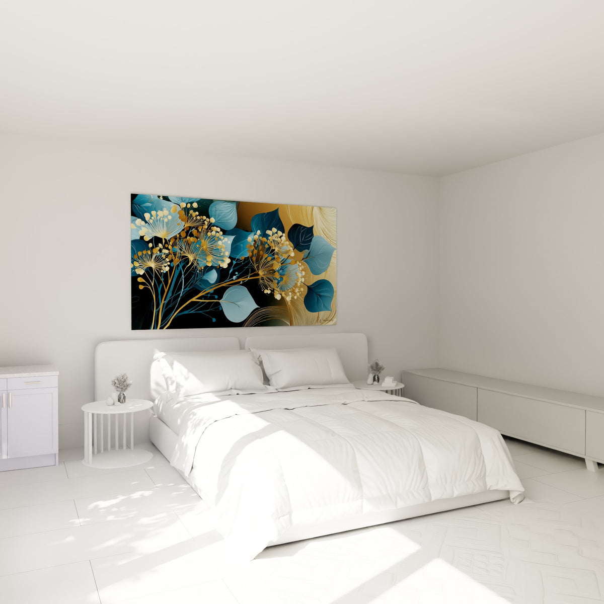 Feuillage doré et bleu pastel d'Eucalyptus au-dessus d'un lit dans une chambre claire