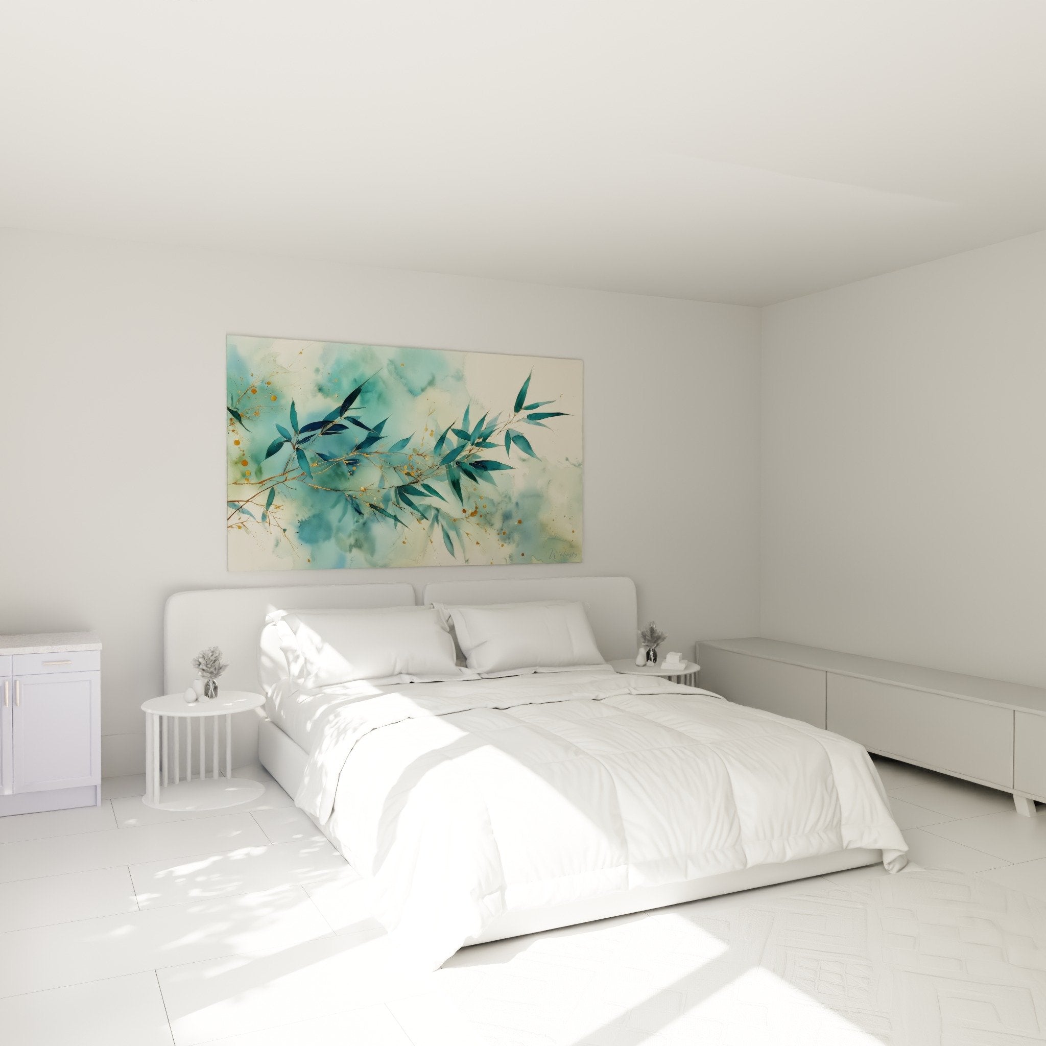 Turquoise eucalyptus wall art in modern bedroom with white walls light wood furniture calming ambiance