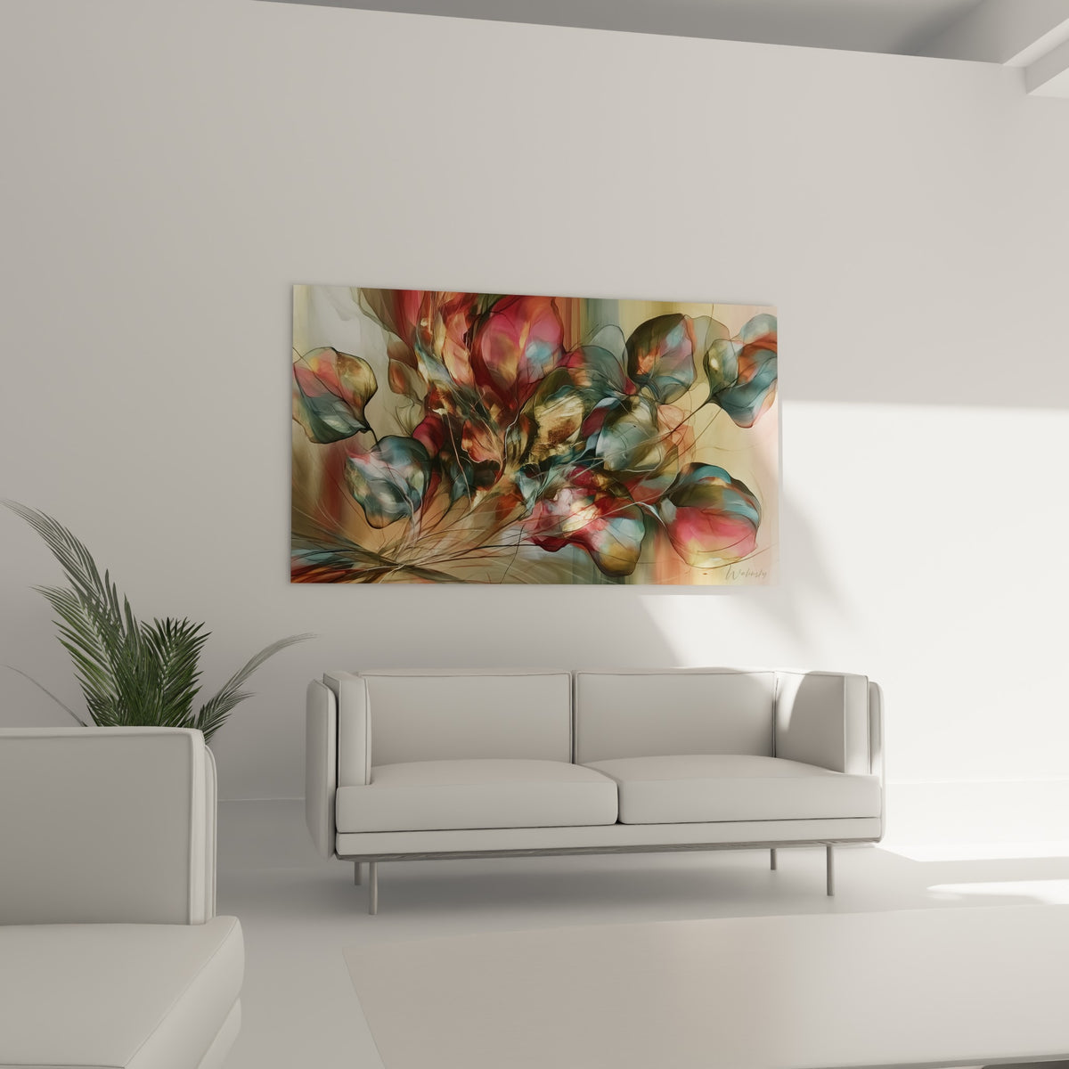 Composition florale abstraite bleu pétrole et ocre, veines fines dorées, au-dessus d'un canapé dans un salon lumineux