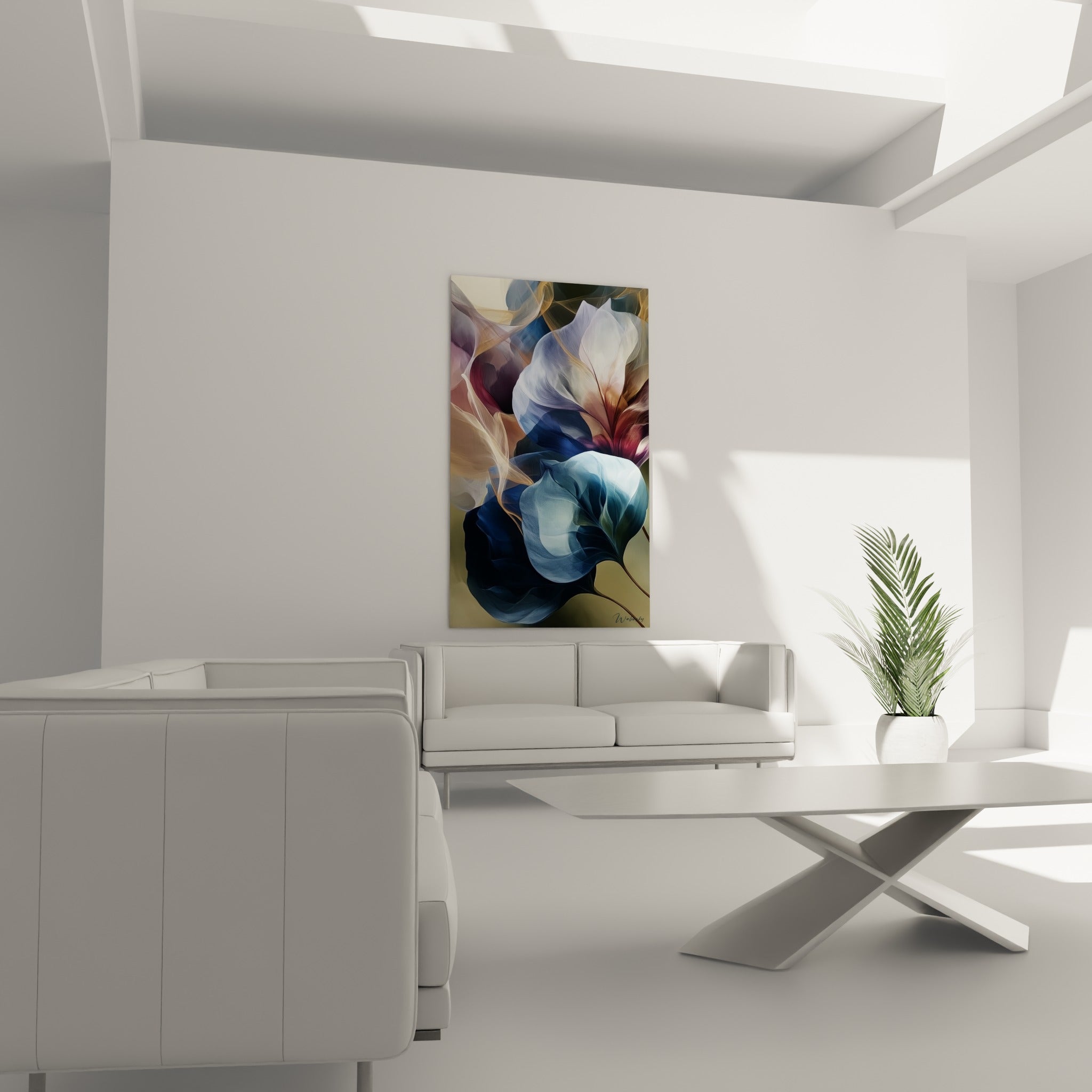 Composition florale mauve et anthracite aux courbes fluides suspendue au-dessus d'un canapé dans un salon lumineux