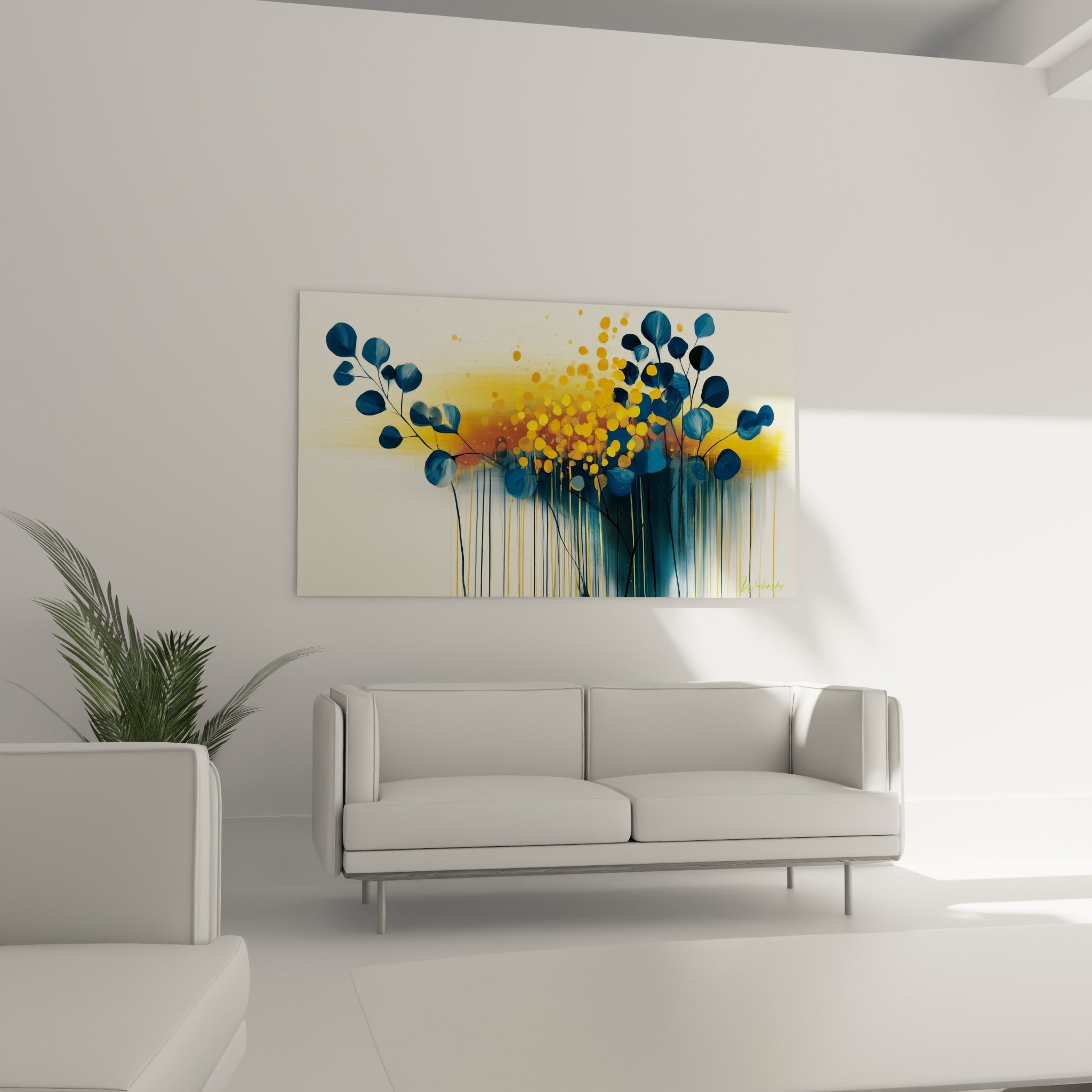 Feuillage d'eucalyptus anthracite et touches orangées suspendu au-dessus d'un canapé dans un salon lumineux