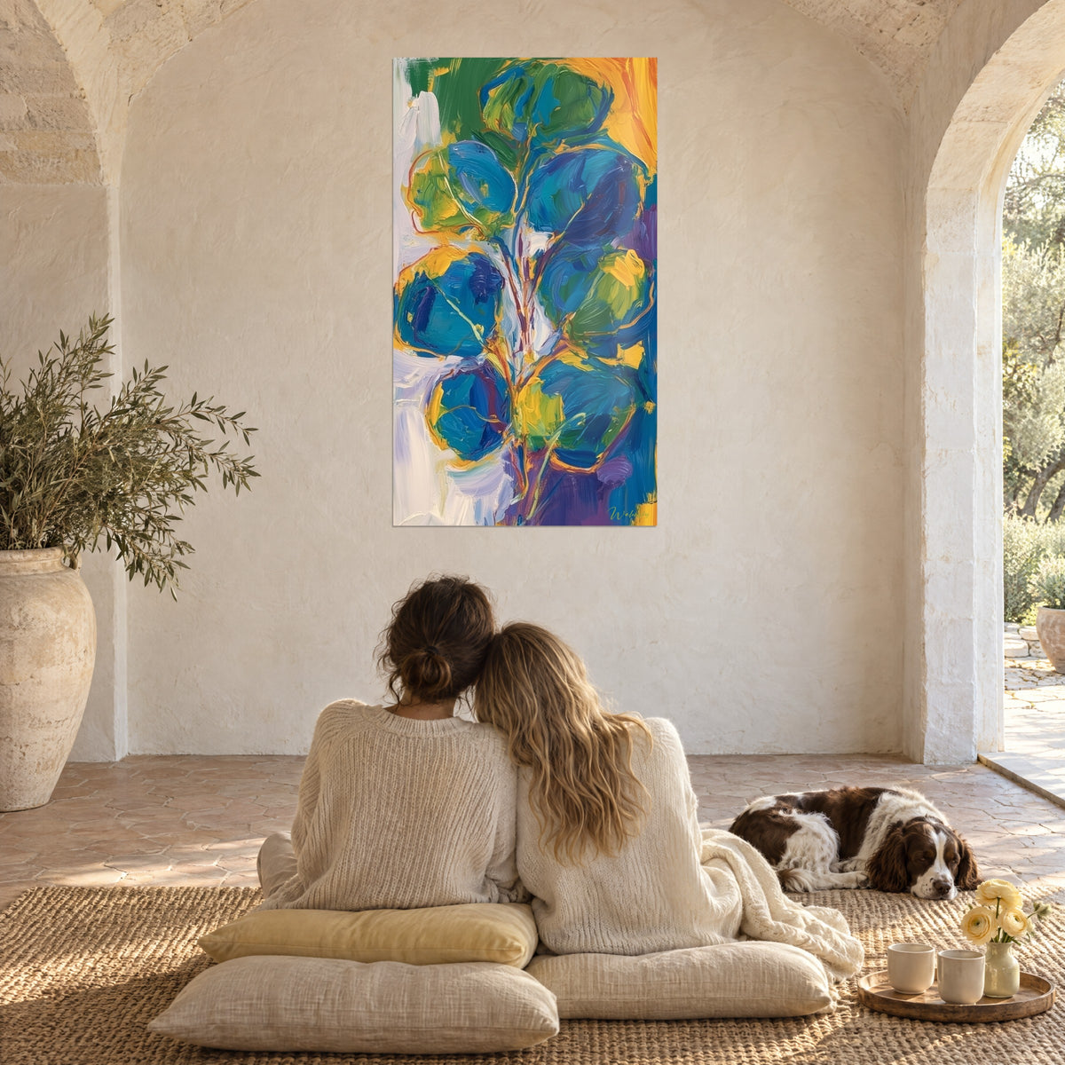 Tableau tige orangée portant de larges feuilles bleues et jaunes, face à un couple enlacé et un spaniel, dans un mas aux arches blanches