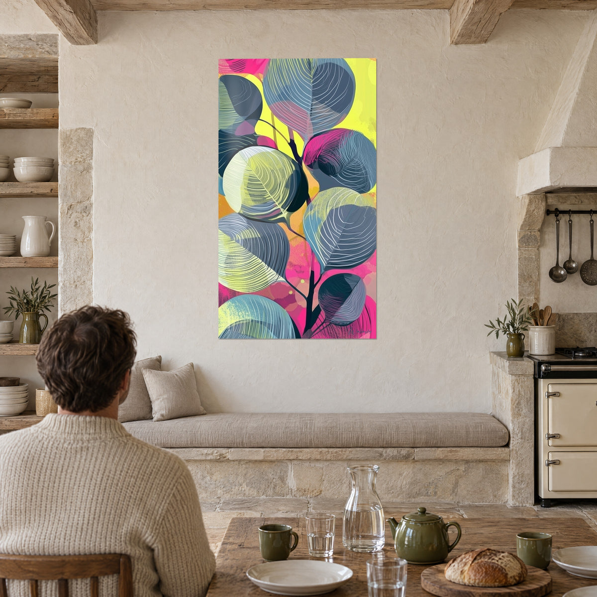 Πίνακας με stylized ευκάλυπτο σε πετρόλ μπλε και έντονο κίτρινο σε ροζ, ανοιχτή κουζίνα από πέτρα, εμφανείς δοκοί