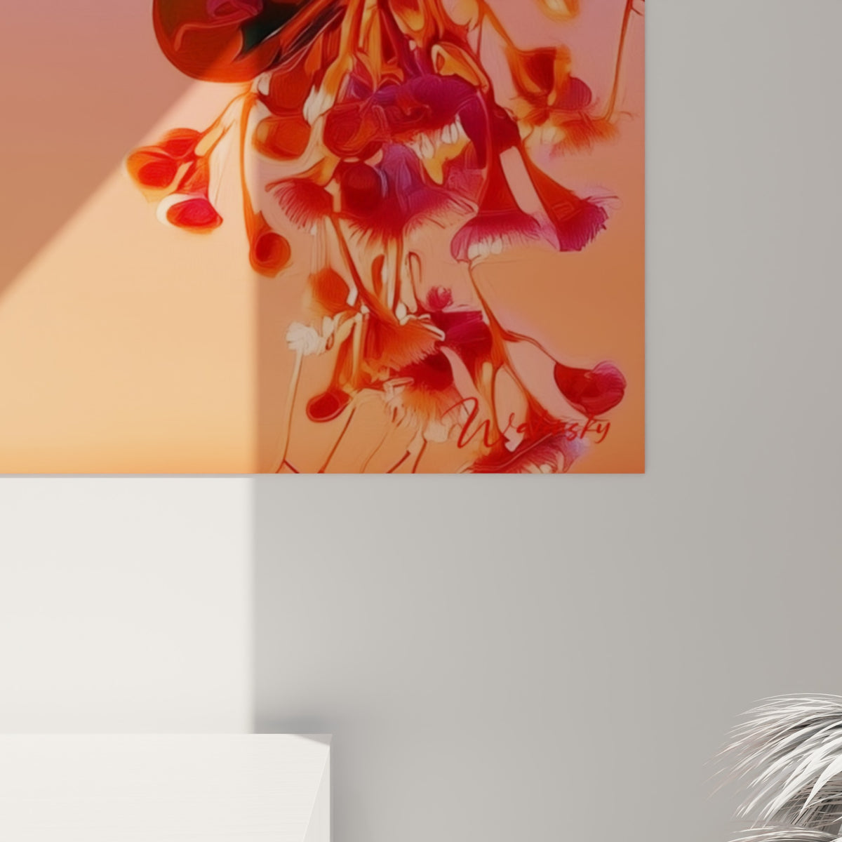 Détail de l'Eucalyptus révélant les nuances rose pâle et vert bouteille et le grain de l'impression