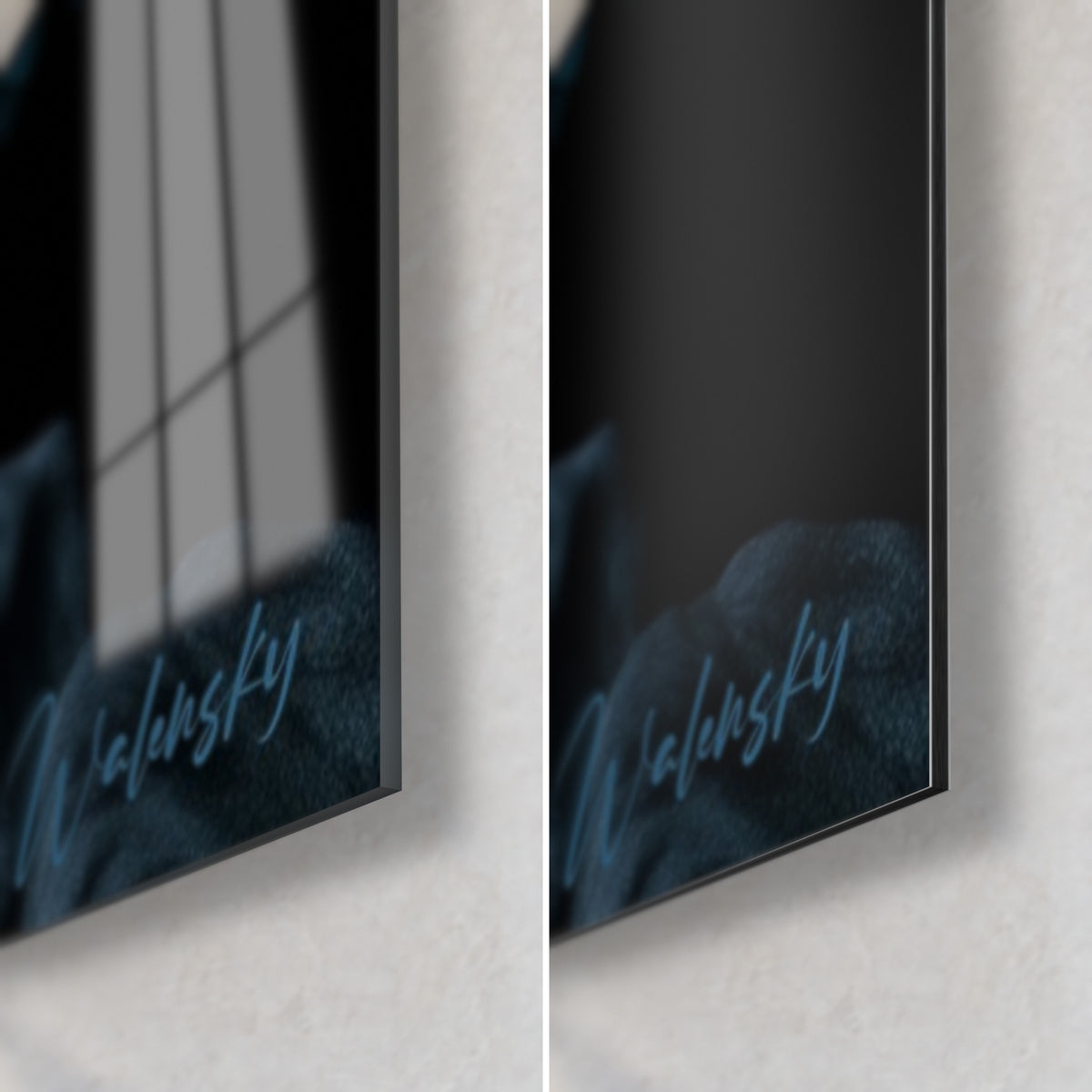 Gemälde Eukalyptuslaub in Blau und Schwarz, untere rechte Ecke der Vase, links glänzendes Acrylglas, rechts matter Dibond-Alu