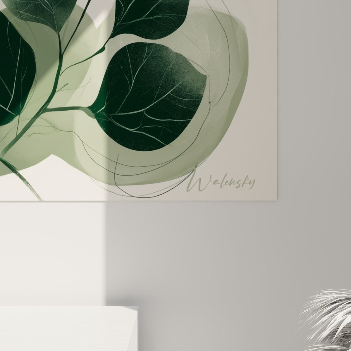 Détail des feuilles d'Eucalyptus où le vert bouteille et le beige poudré se fondent en fines lignes tracées