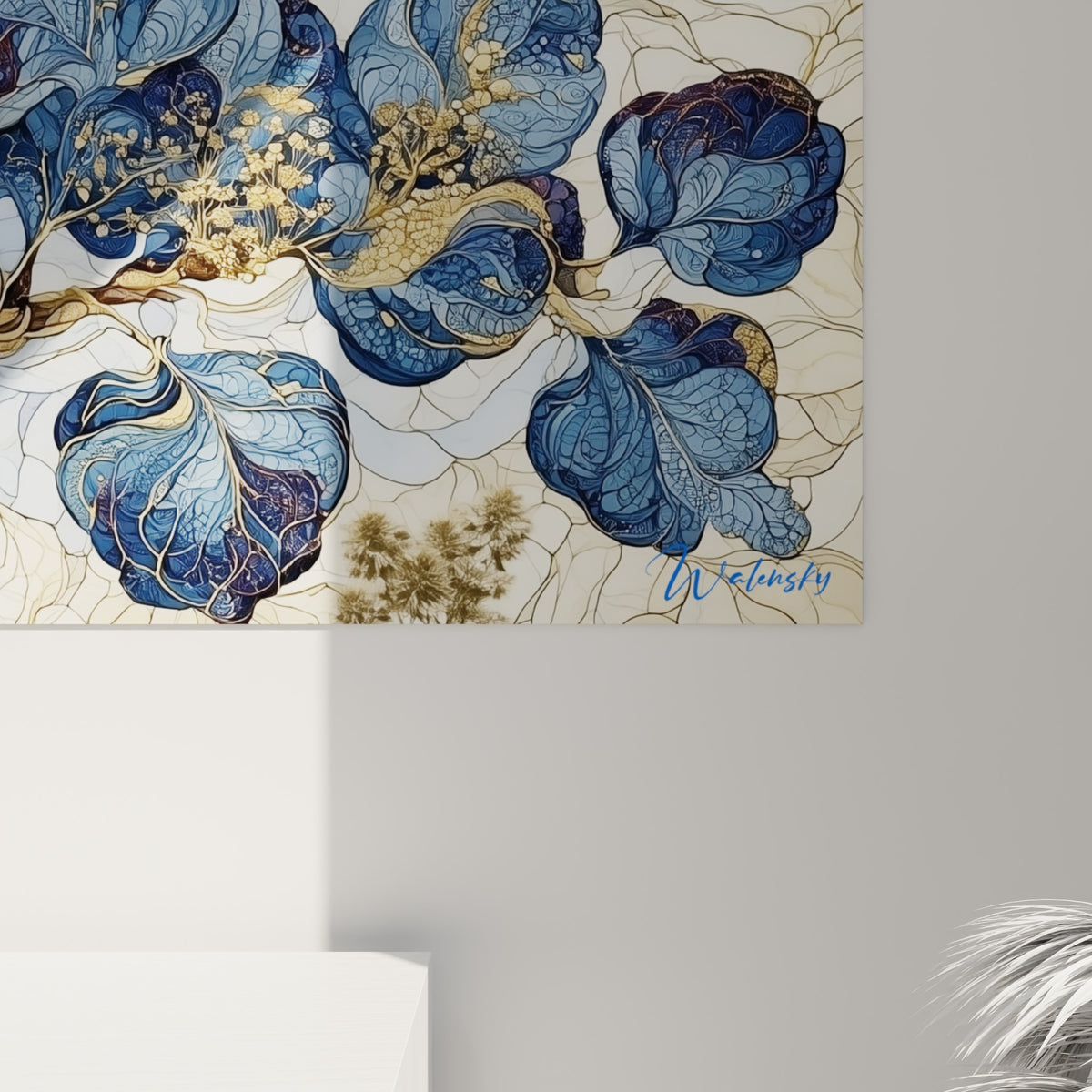 Détail des nervures fines et des baies dorées sur fond bleu ardoise de ce tableau eucalyptus graphique