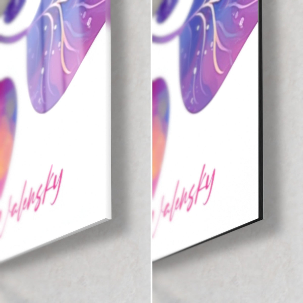 Gemälde mit schillerndem Laub in Rosa und Violett, Walensky-Signatur, untere rechte Ecke aus glänzendem Glas und mattem Dibond-Alu, 3 mm Stärke