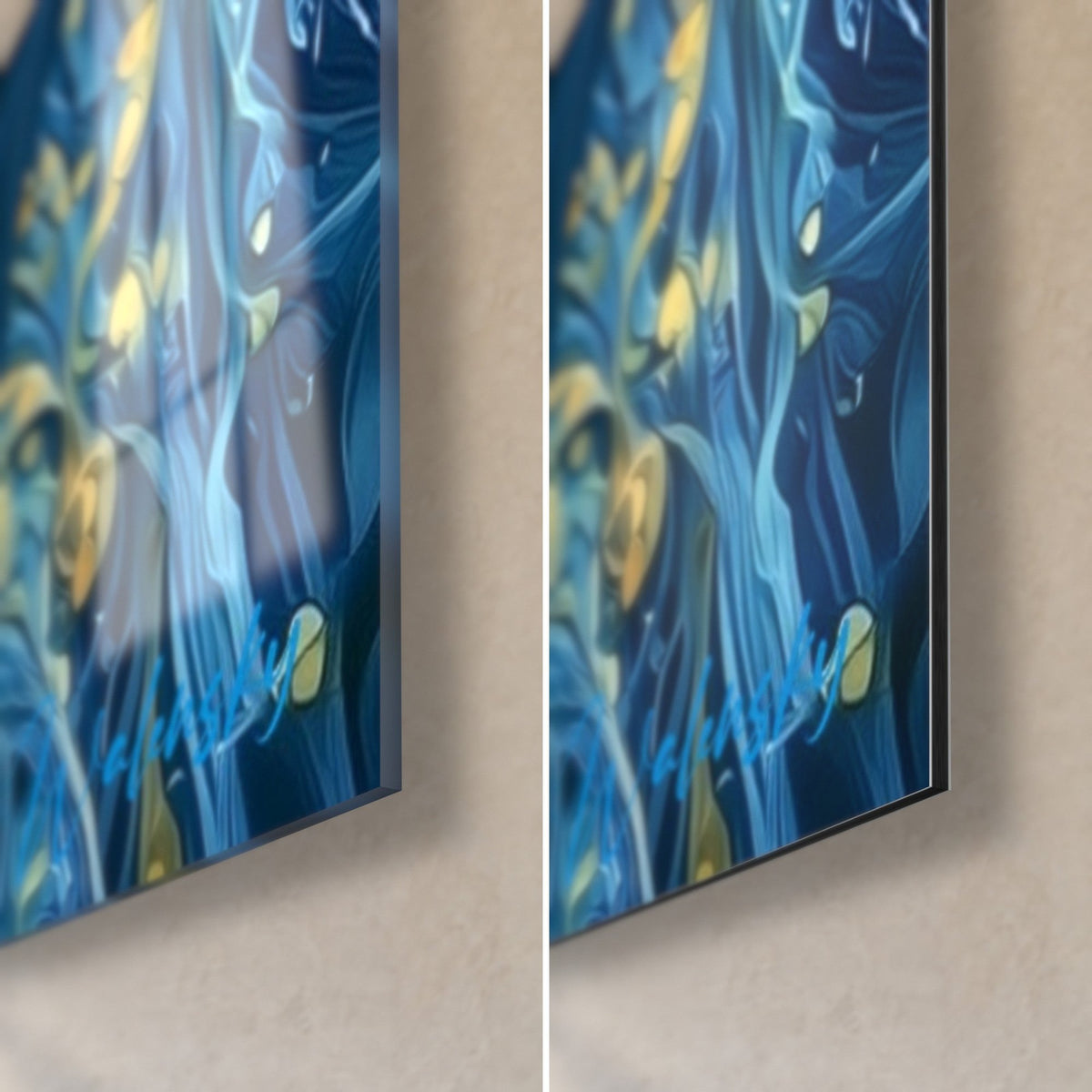Cuadro rama de eucalipto en azul profundo y amarillo azafrán, esquina inferior derecha, cristal acrílico brillante y aluminio Dibond mate
