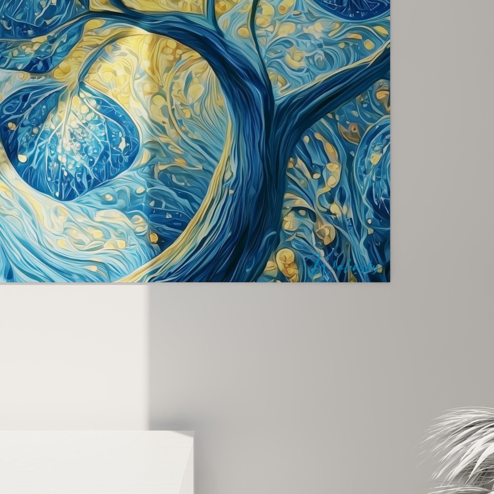 Détail des nervures dorées et bleu marine de l'eucalyptus, empâtements visibles et grain de la matière picturale