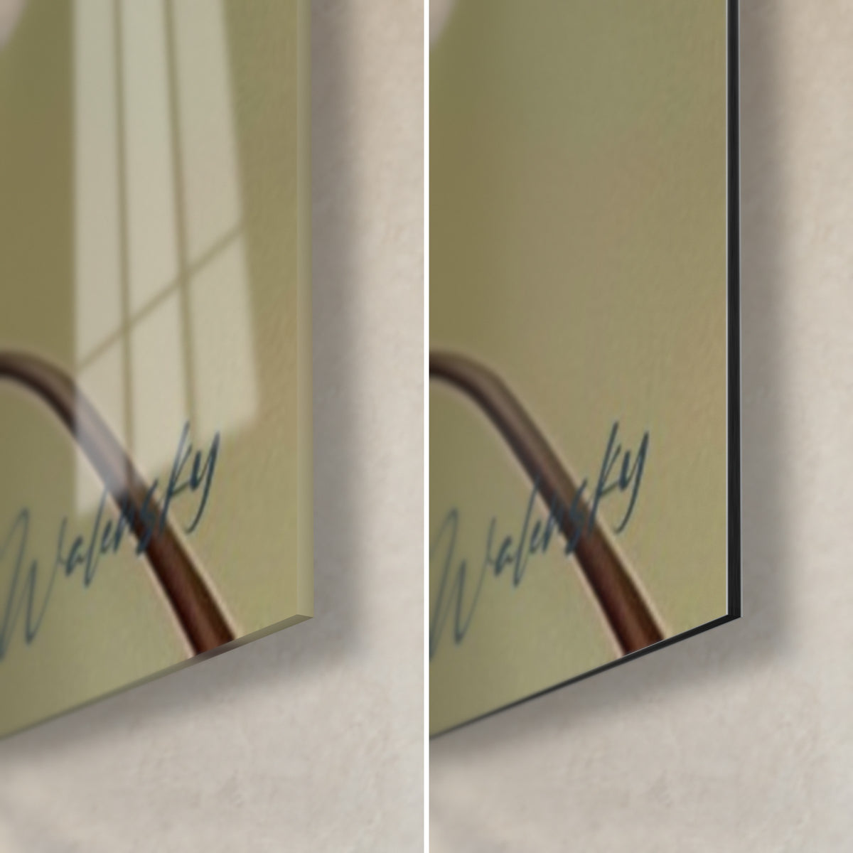 Wall art of a flower with copper-brown stems on an olive green background, bottom right corner: glossy glass on the left, matte Dibond on the right