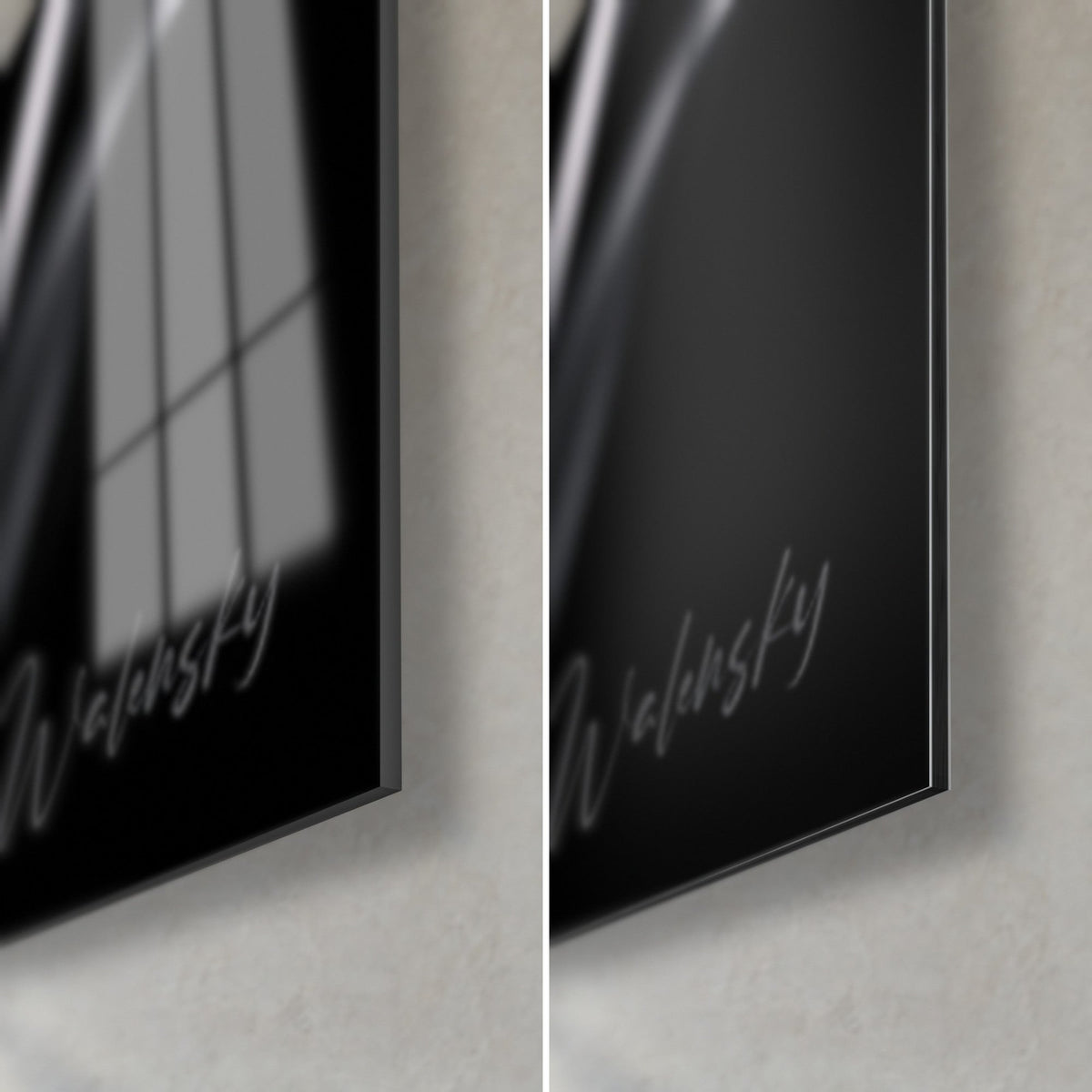 Gemälde Pflanzenanatomie in Schwarzweiß, rechte untere Ecke: glänzendes Acrylglas links, matter Dibond rechts, 3 mm Kante