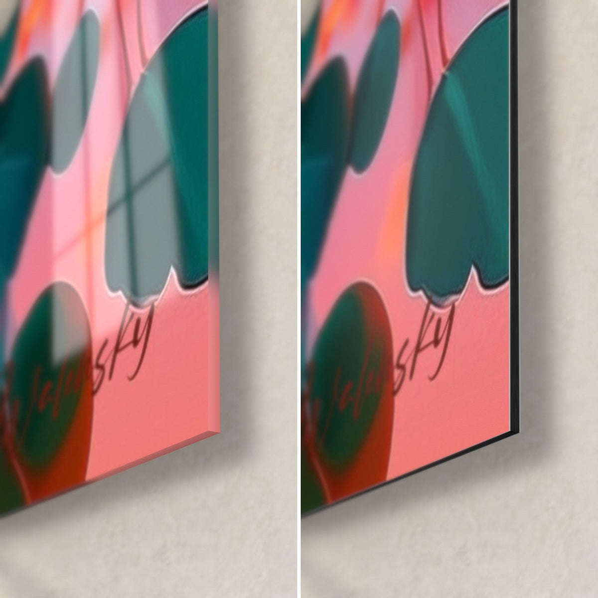 Gemälde mit blühendem Eukalyptus, Ecke unten rechts: glänzendes Acrylglas links, mattes Dibond rechts, grünes Blatt, rosa Himmel