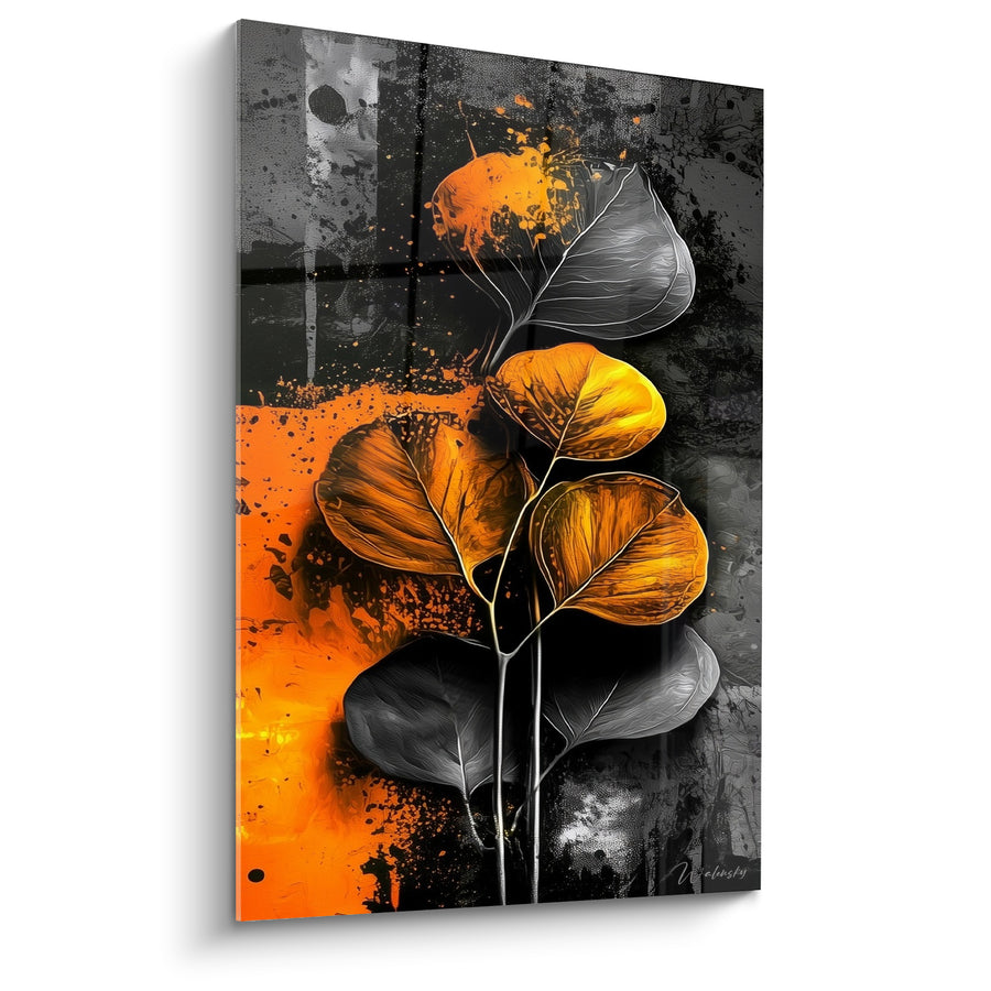 Tableau Feuilles rondes orange et grises éclaboussées de peinture - Nervures argentées veinées - Edition Eucalyptus