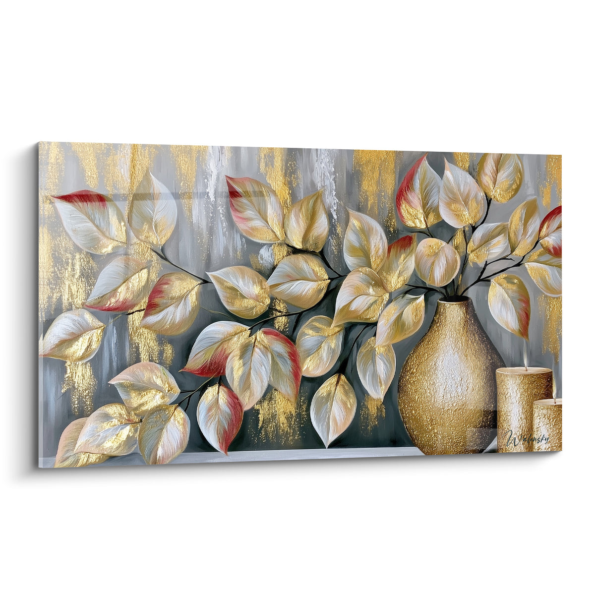 Branche d'eucalyptus dorée et argentée sur fond gris anthracite, feuilles texturées près d'un vase bronze