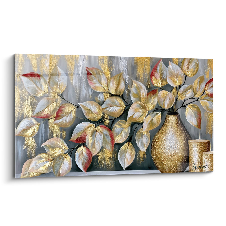 Tableau Vase doré aux feuilles d'eucalyptus argentées - Éclat végétal doré - Edition Eucalyptus
