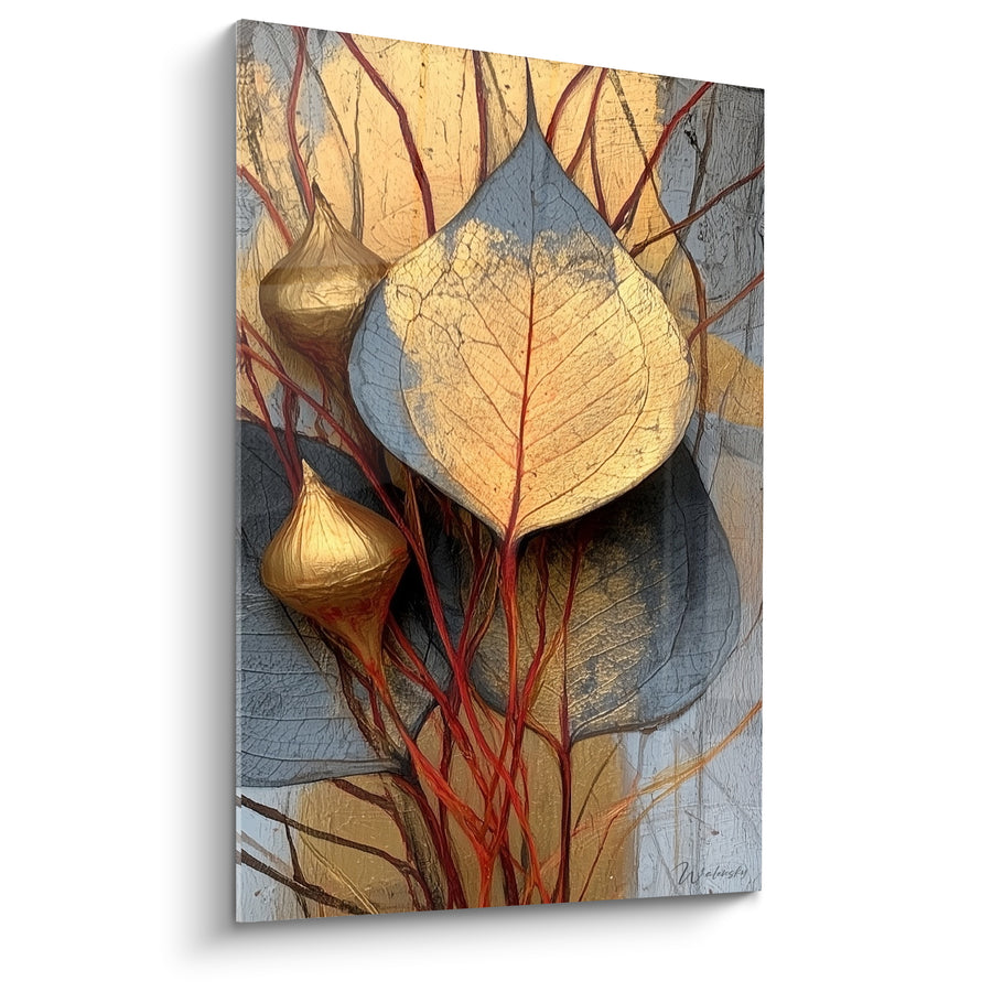 Tableau Feuille dorée et grise aux nervures rouges apparentes - Boutons bulbeux dorés - Edition Eucalyptus