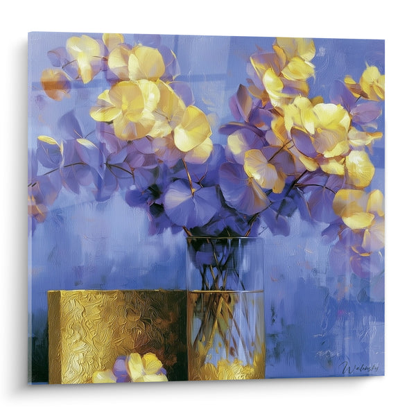 Tableau Bouquet doré et bleu en vase de verre - Lumière florale apaisée - Edition Eucalyptus
