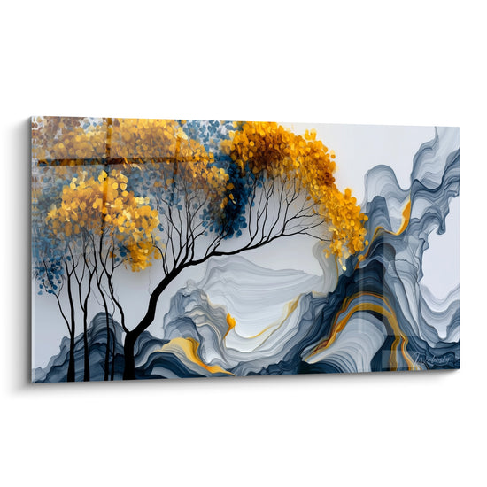 Eucalyptus stylisé aux feuilles dorées et bleu marine sur vagues marbrées blanc nacré