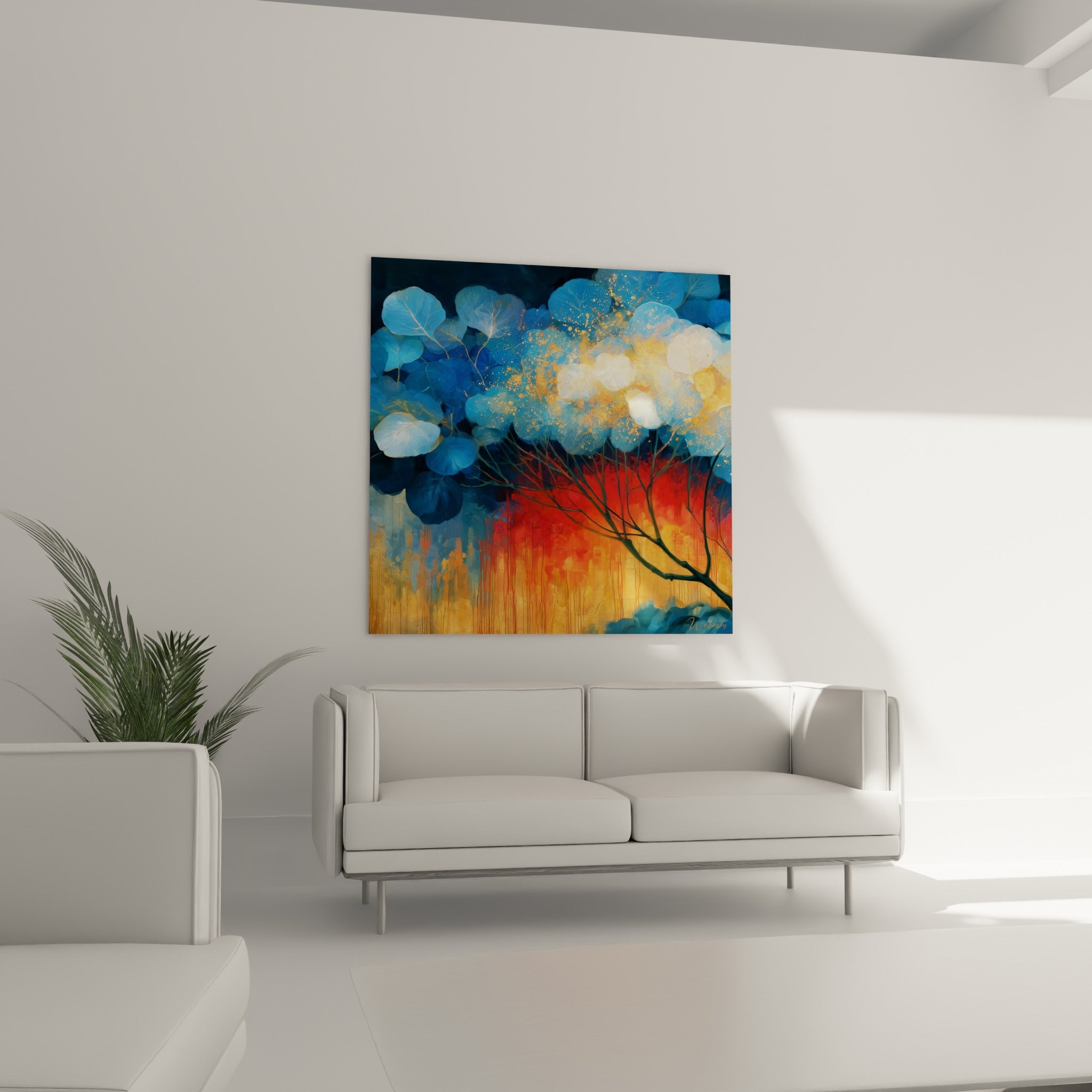 Œuvre Eucalyptus aux teintes terracotta et bleu ciel installée au-dessus d'un canapé dans un salon lumineux