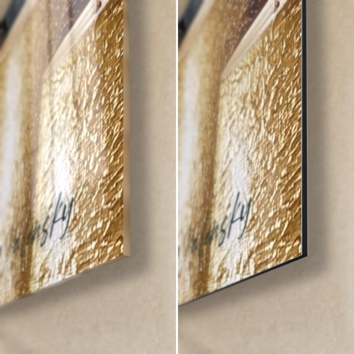 Schilderij met verhoogde gouden vaas, zwarte Walensky-signatuur rechtsonder: glanzend acrylglas links, mat Dibond rechts, rand van 3 mm