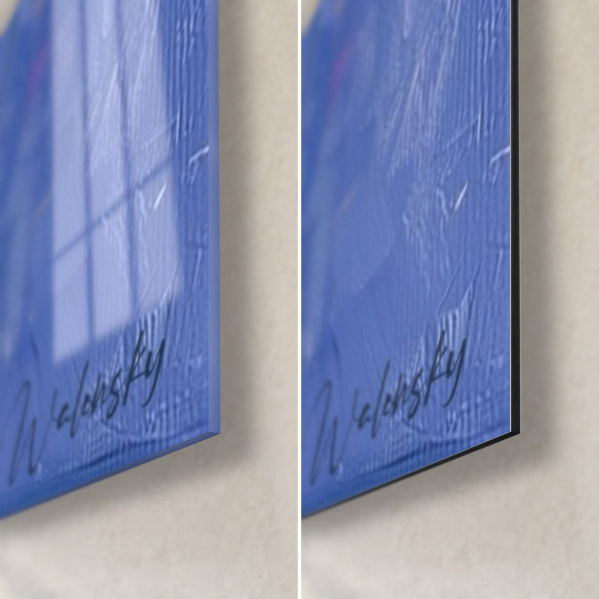 Gemälde mit gelbem und blauem Eukalyptuslaub, untere rechte Ecke: glänzendes Acrylglas links, matter Dibond-Alu rechts, 3 mm Kante