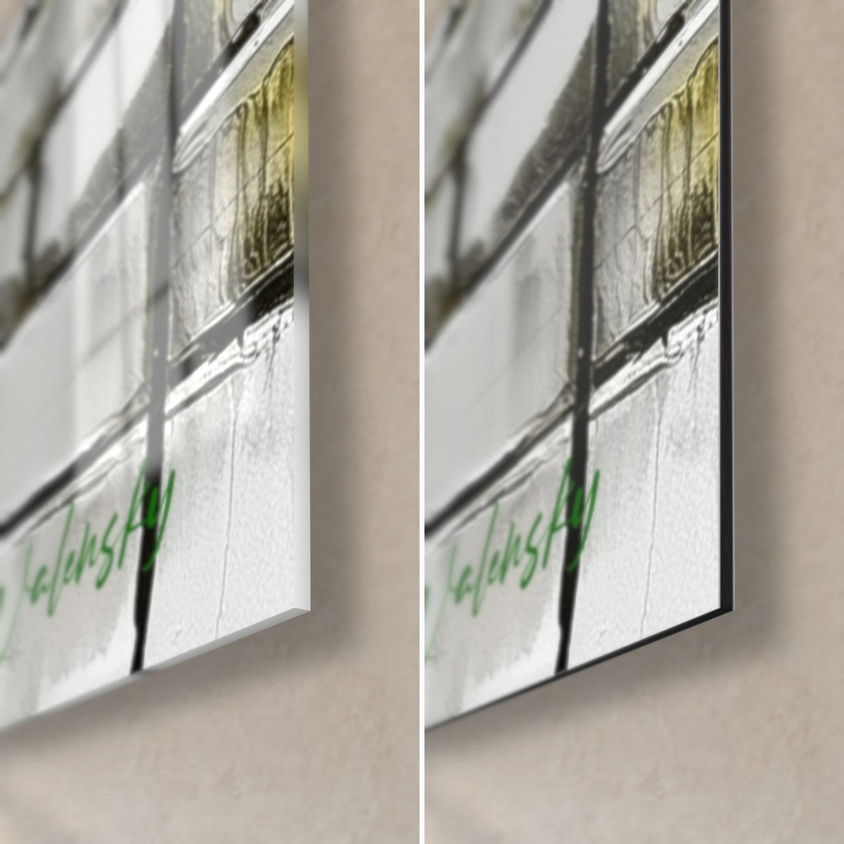 Tableau éclaboussure végétale vert et noir, coin bas droit : verre acrylique brillant à gauche, alu Dibond mat à droite, tranche 3 mm