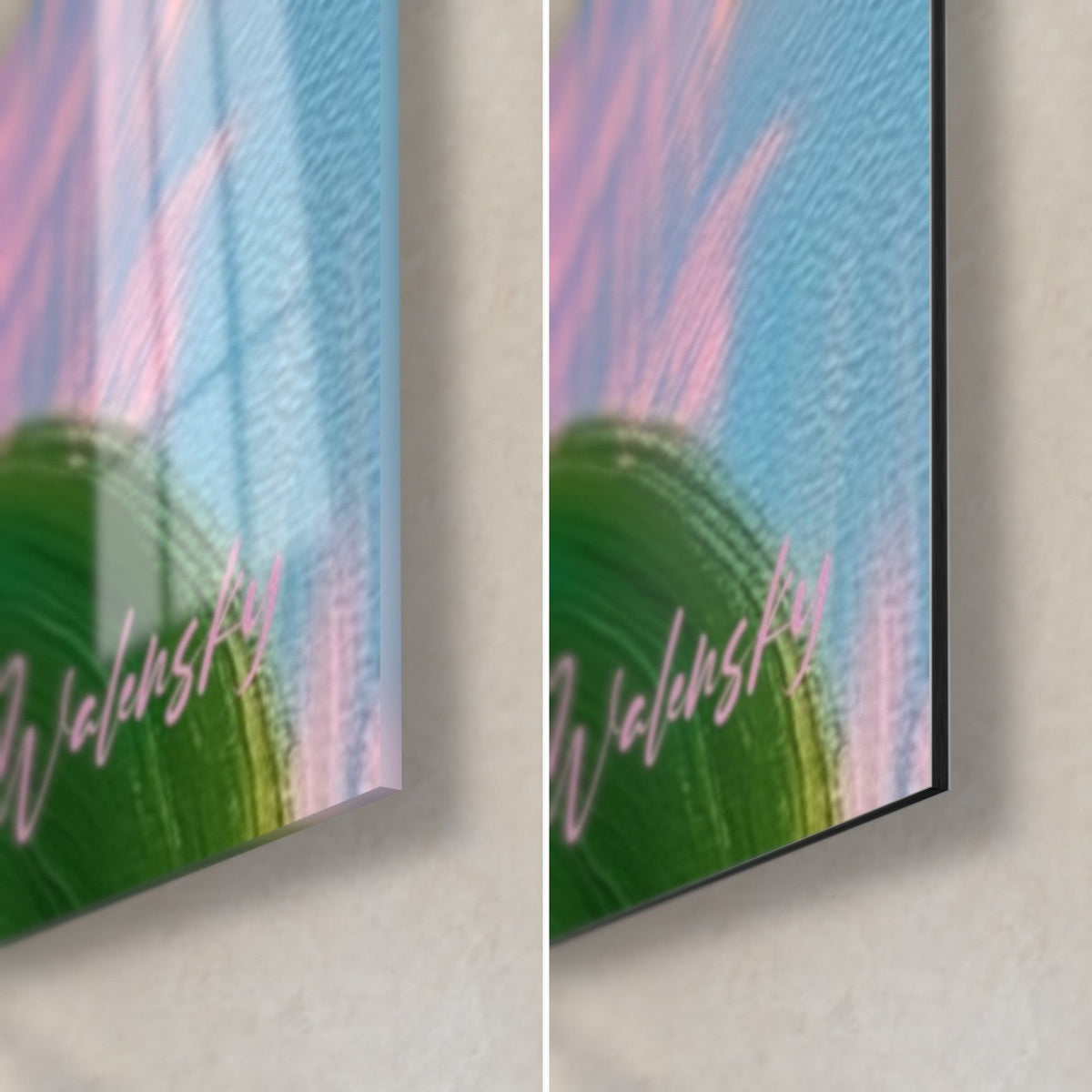 Cuadro de follaje verde, esquina inferior derecha: vidrio acrílico brillante con reflejos a la izquierda, Dibond negro mate a la derecha, canto de 3 mm