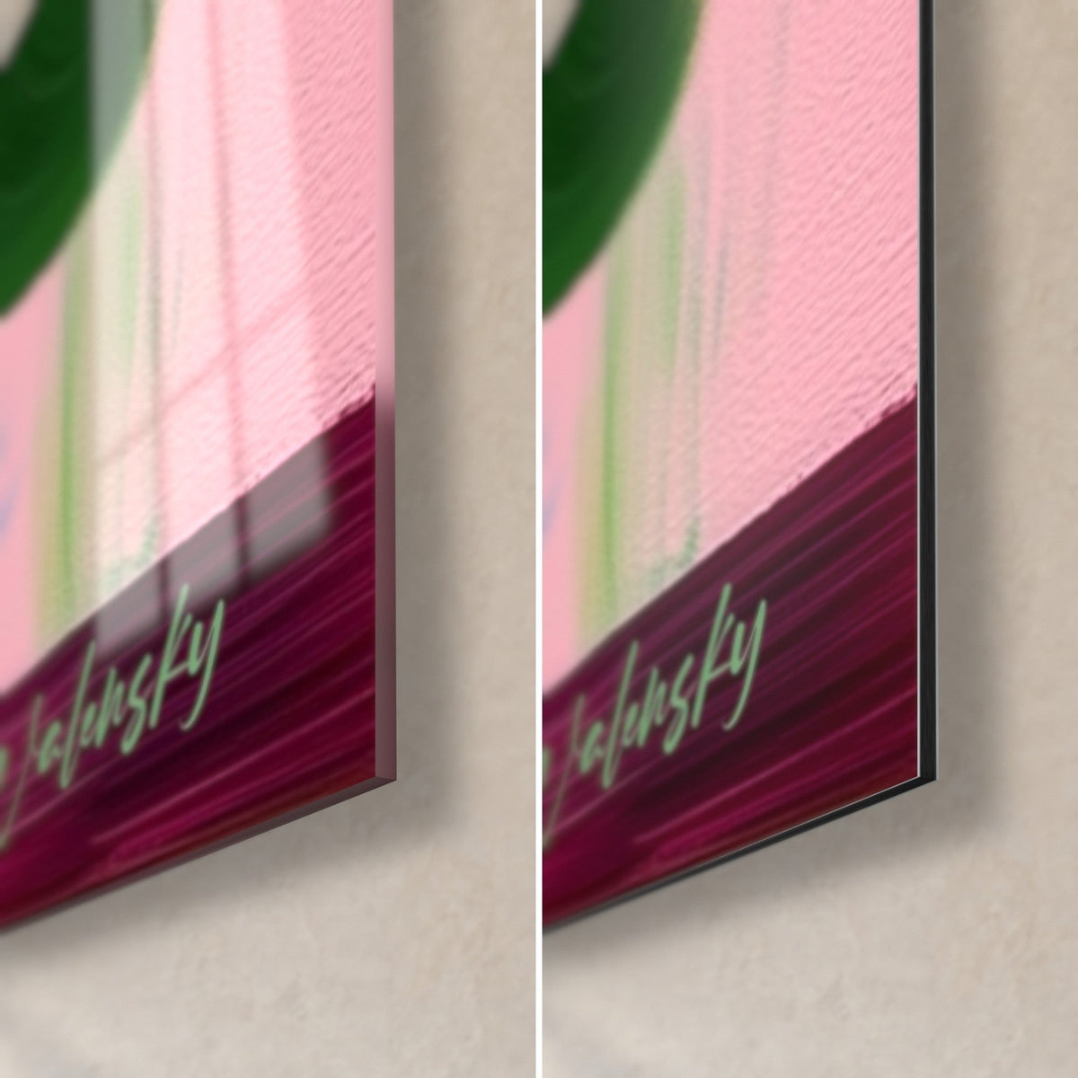 Schilderij donkergroen geschilderde bladeren op roze, Walensky-signatuur rechtsonder, glanzend acrylglas links, mat Dibond rechts, 3 mm rand