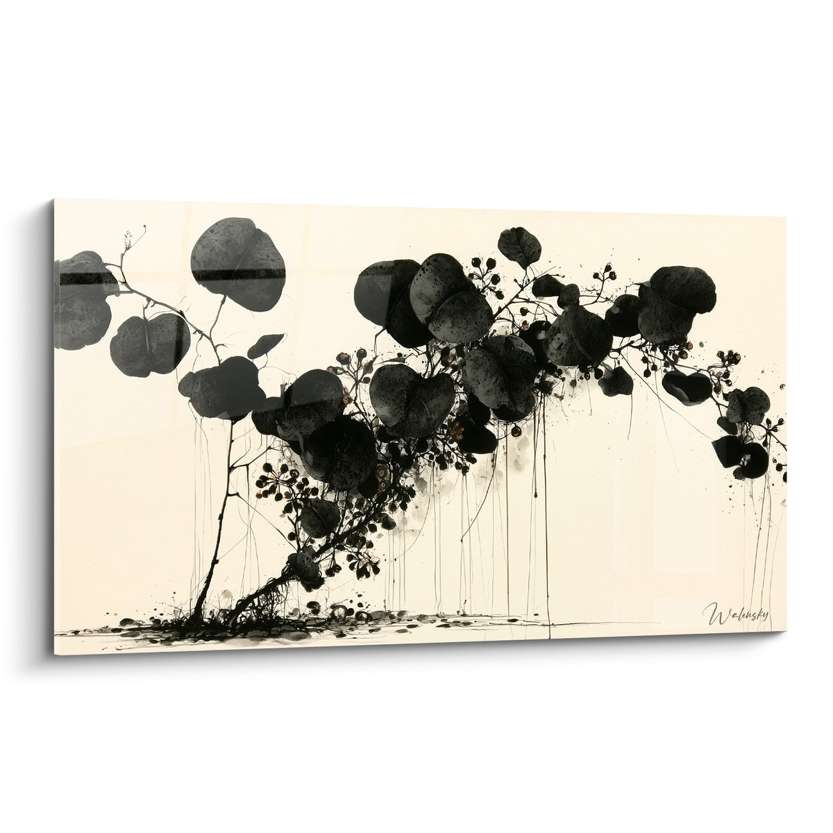 Branche d'Eucalyptus en encre noire et beige ivoire, feuilles rondes graphiques sur fond épuré