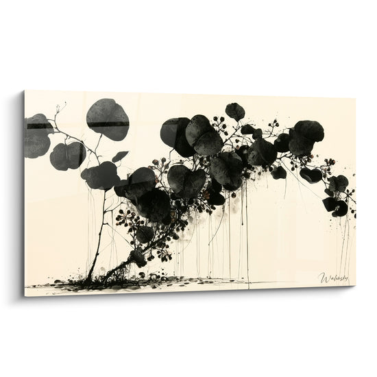 Branche d'Eucalyptus en encre noire et beige ivoire, feuilles rondes graphiques sur fond épuré