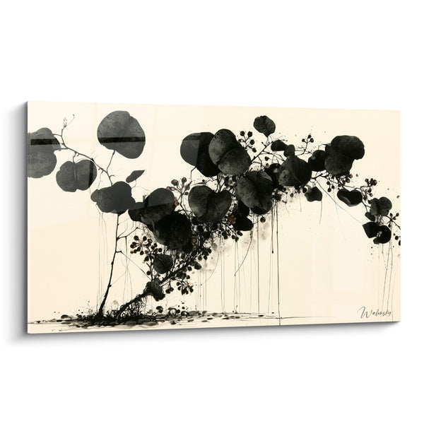 Tableau Branche noire et ivoire aux coulures d'encre - Baies suspendues éparses - Edition Eucalyptus