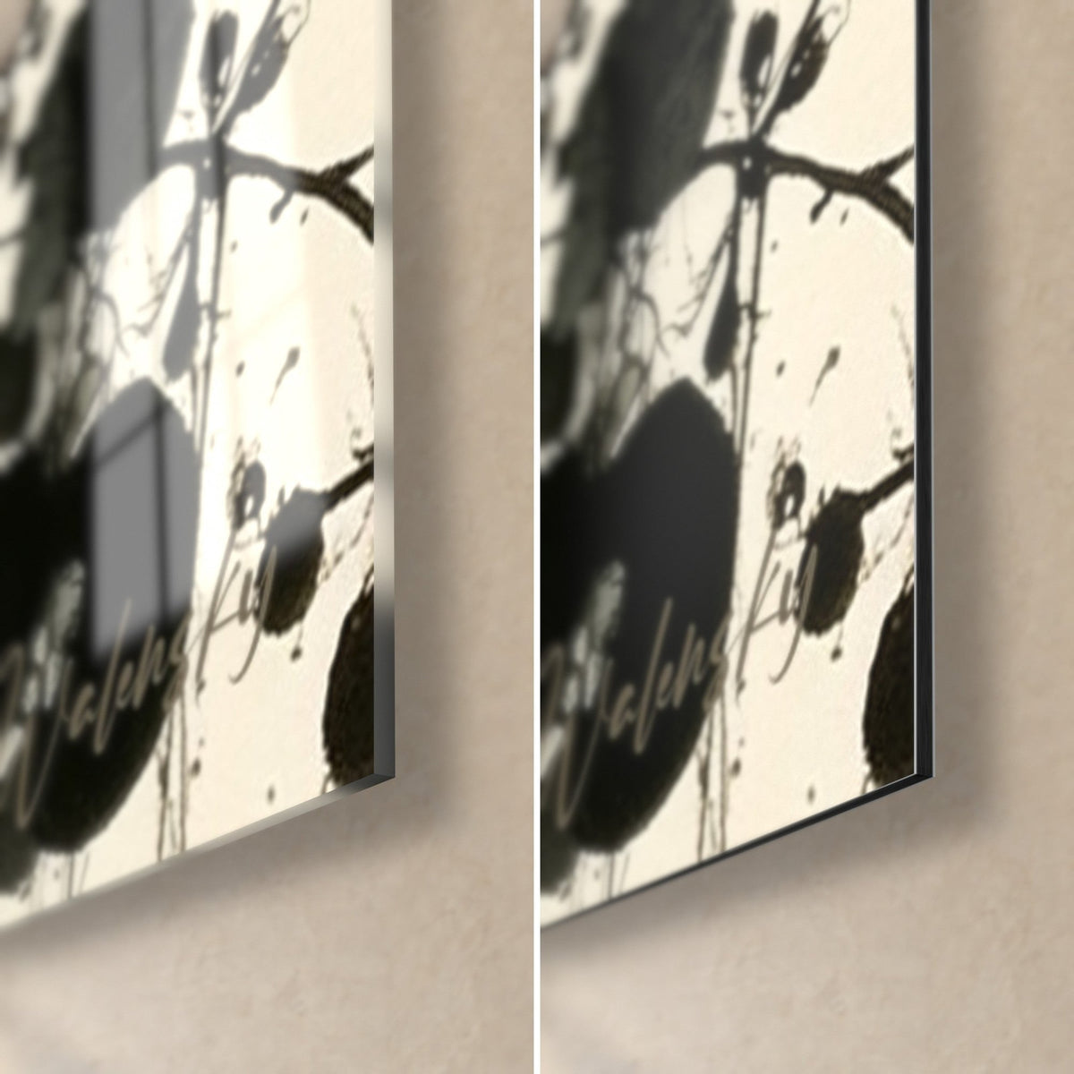 Wall art black eucalyptus leaves on ivory, bottom right corner: glossy acrylic glass on the left, matte Dibond aluminium on the right, 3 mm edge