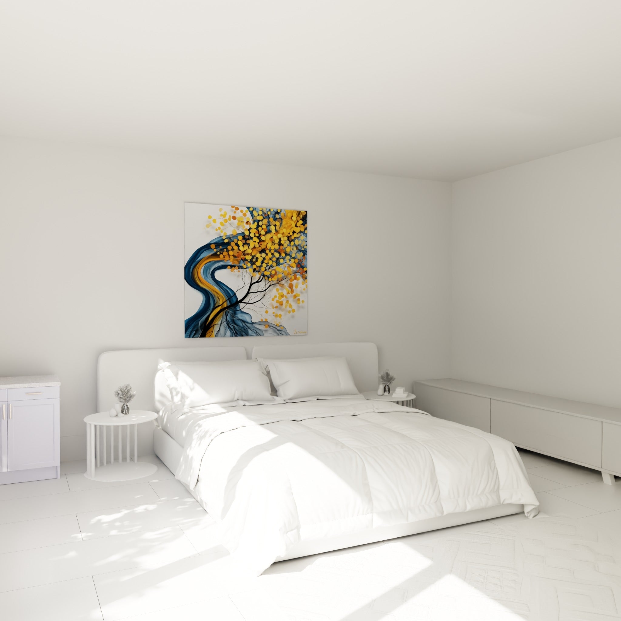 Feuillage doré et racines bleutées de l'Eucalyptus abstrait, accroché au-dessus d'un lit dans une chambre claire