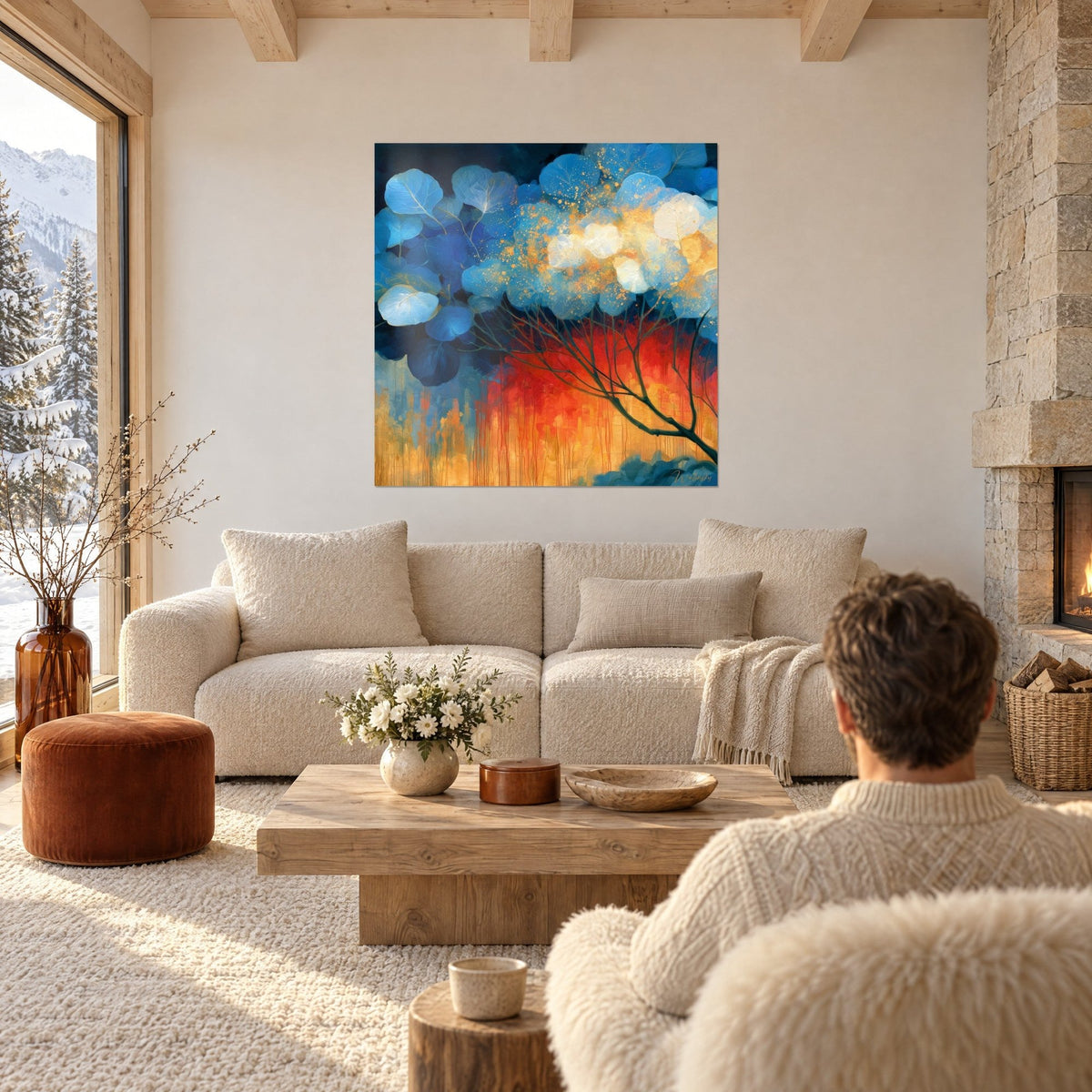 Quadro foglie di eucalipto blu ghiacciaio punteggiate di polvere dorata su fondo rosso vermiglio, sopra un divano in un soggiorno luminoso