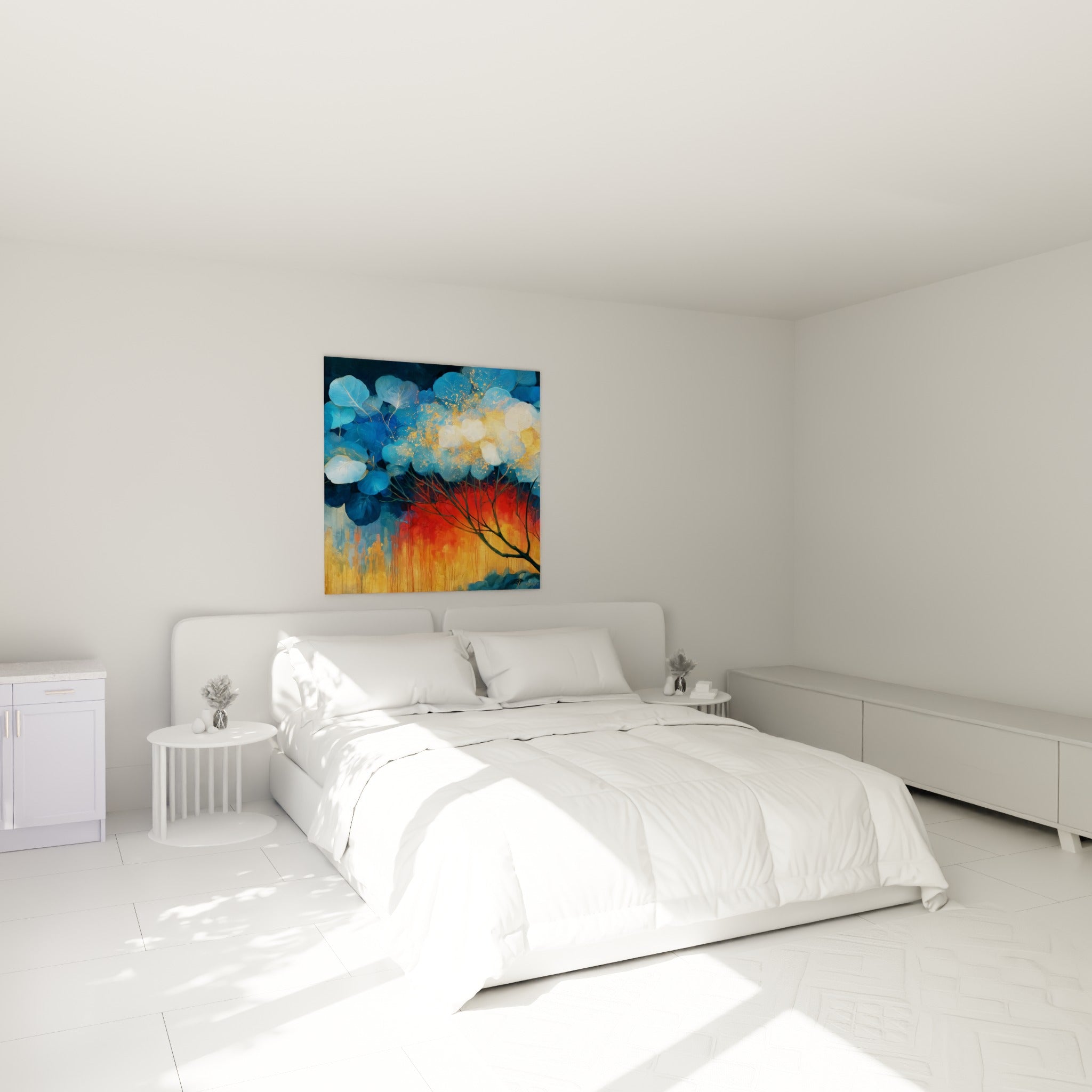 Eucalyptus bleu marine et rouge incandescent accroché au-dessus d'un lit dans une chambre claire