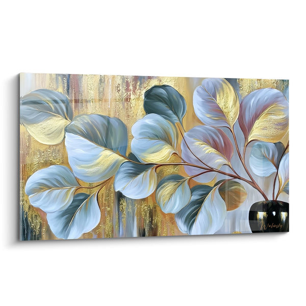 Tableau Vase noir aux feuilles blanches et dorées - Tige brune ramifiée - Edition Eucalyptus