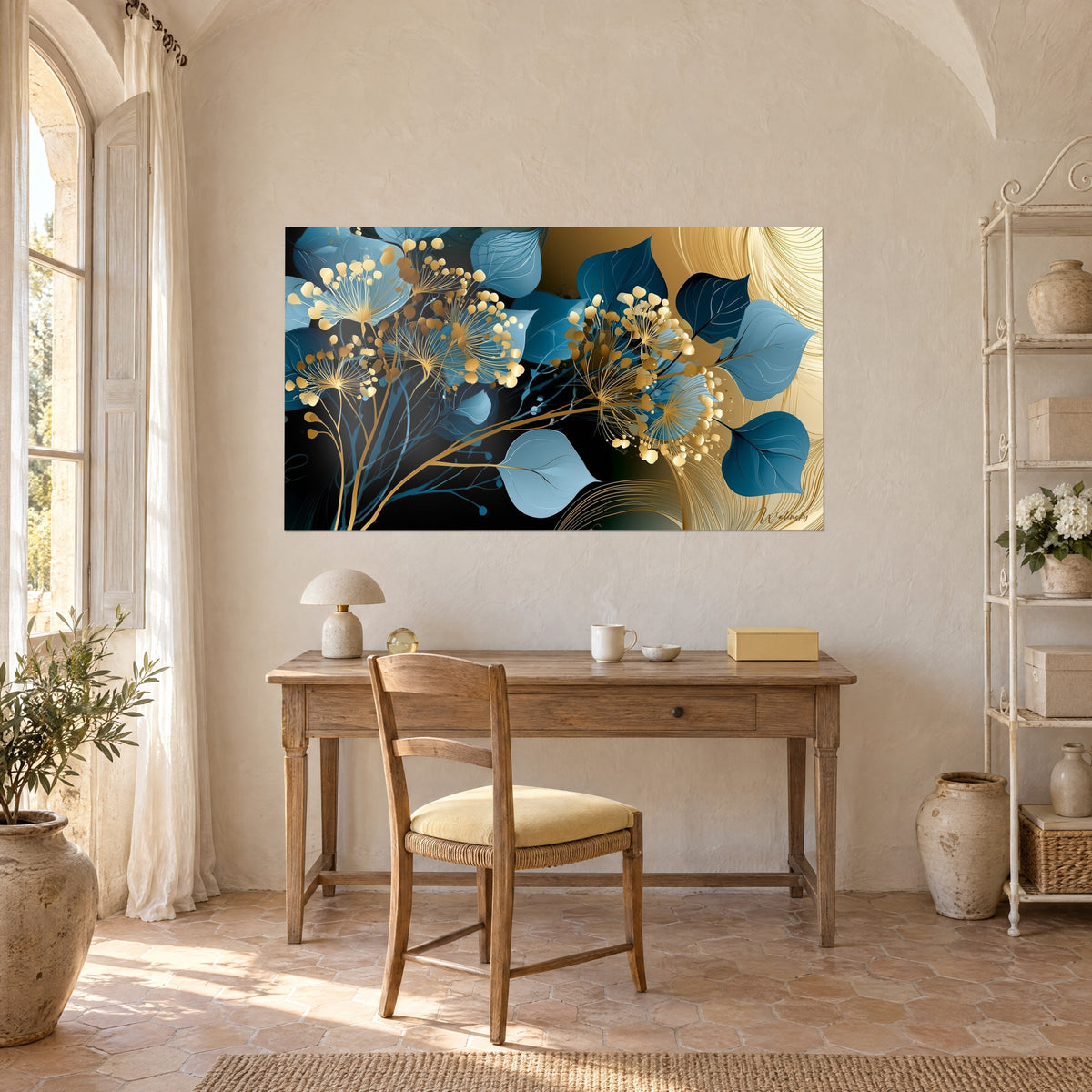 Tableau feuillage d'eucalyptus bleu nuit et ciel, corolles filigranées dorées, au-dessus d'un bureau en bois clair, mas provençal
