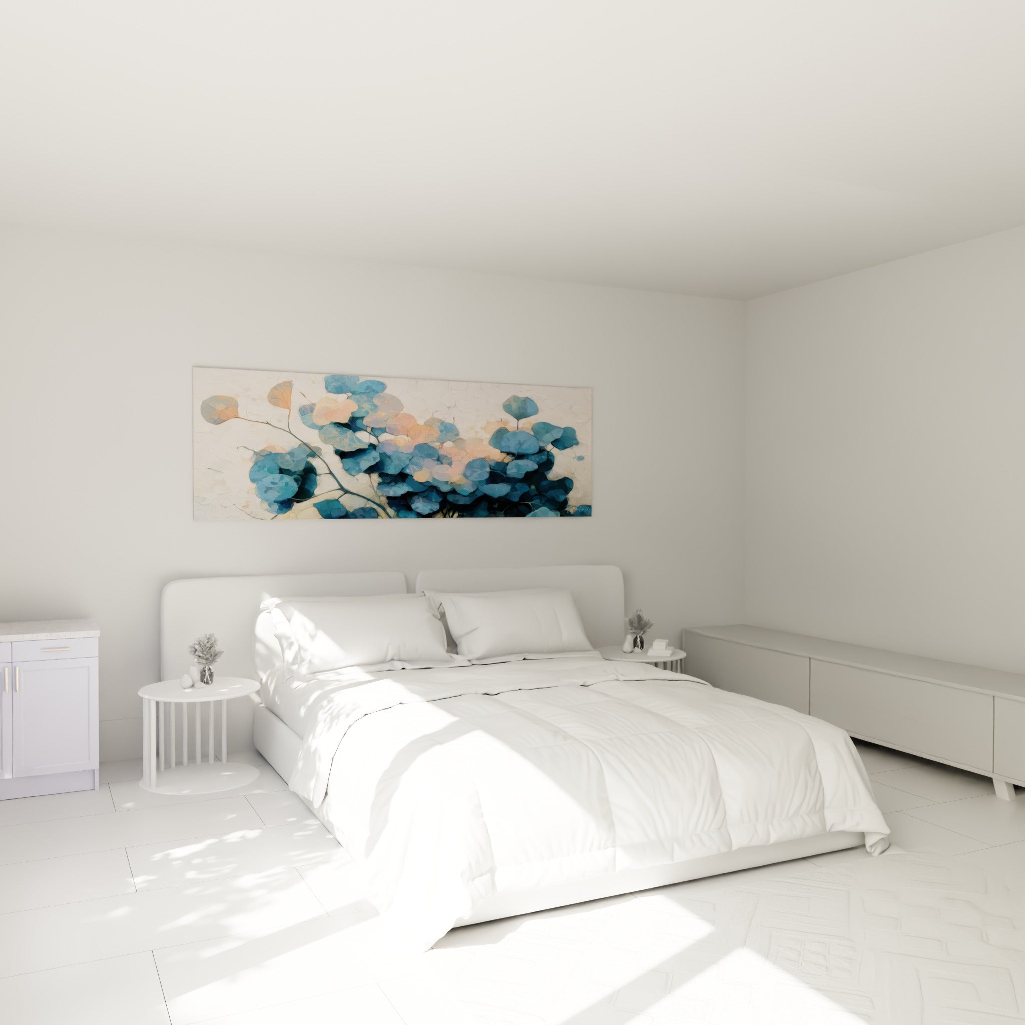 Bouquet de feuillage bleu pétrole et rose corail du tableau Eucalyptus au-dessus d'un lit dans une chambre claire